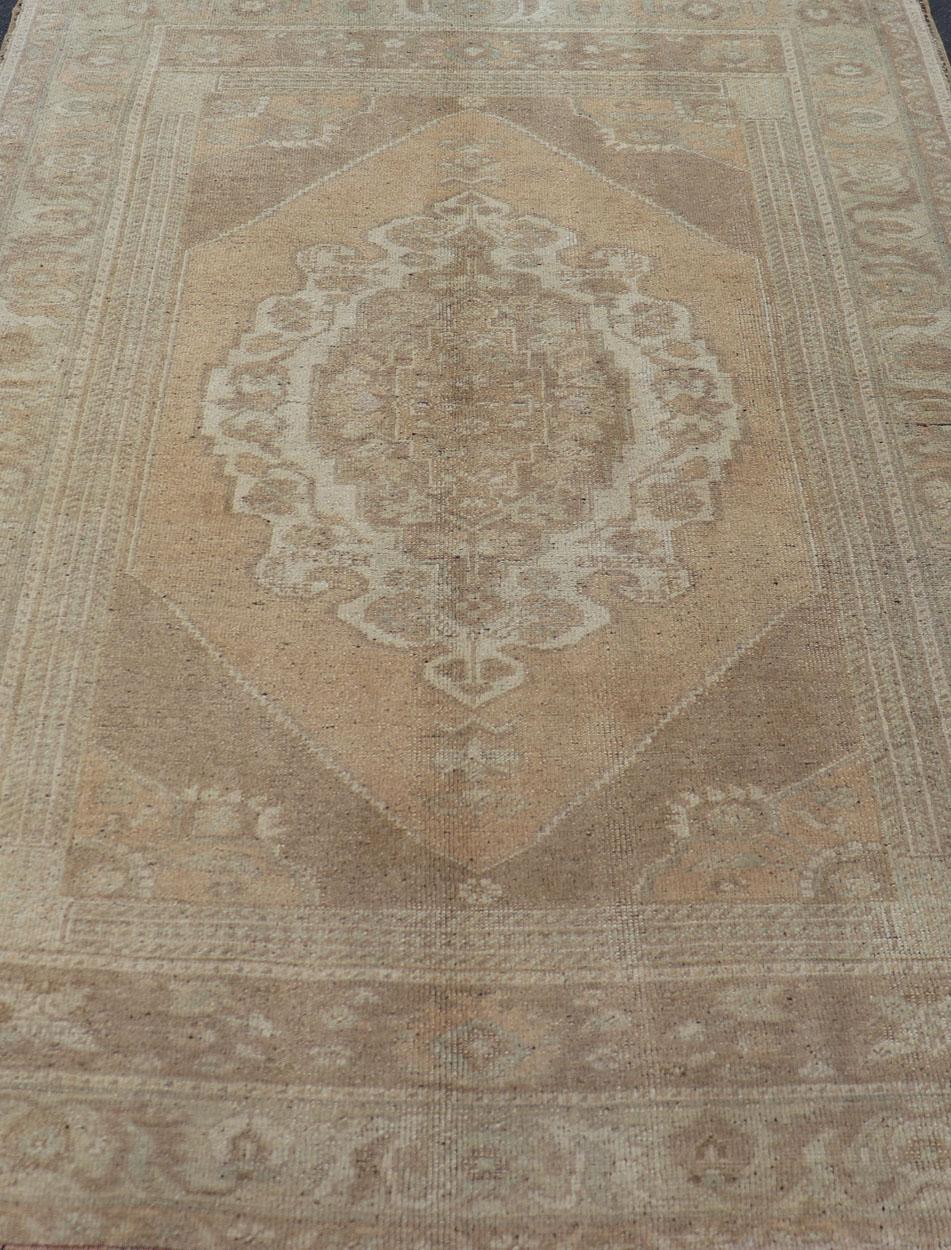 Mid-20th Century Muted Colors Vintage Turkish Oushak Rug with Medallion Design in Lt. Green For Sale