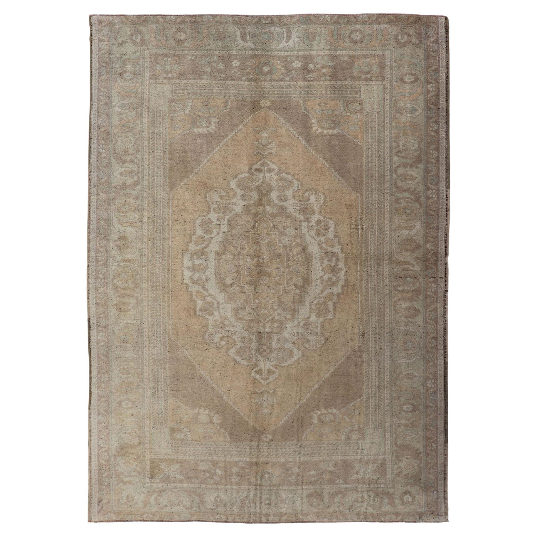 Muted Colors Vintage Turkish Oushak Rug with Medallion Design in Lt. Green