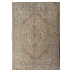 Muted Colors Vintage Turkish Oushak Rug with Medallion Design in Lt. Green