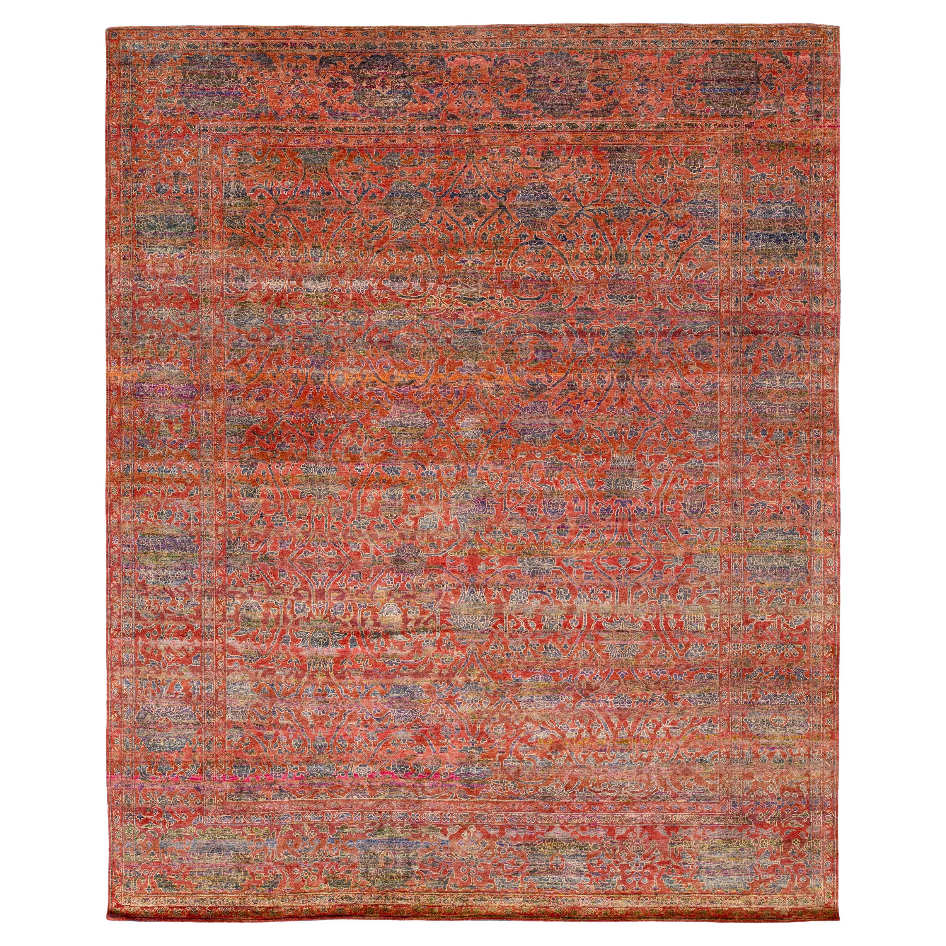Muted Crimson & Indigo Wool & Silk Area Rug – Vintage-Inspired Transitional For Sale