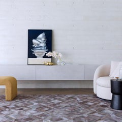 Tapis de sol gris sourd teint en mosaïque personnalisable avec Fog et cuir de vache doré, X-Large