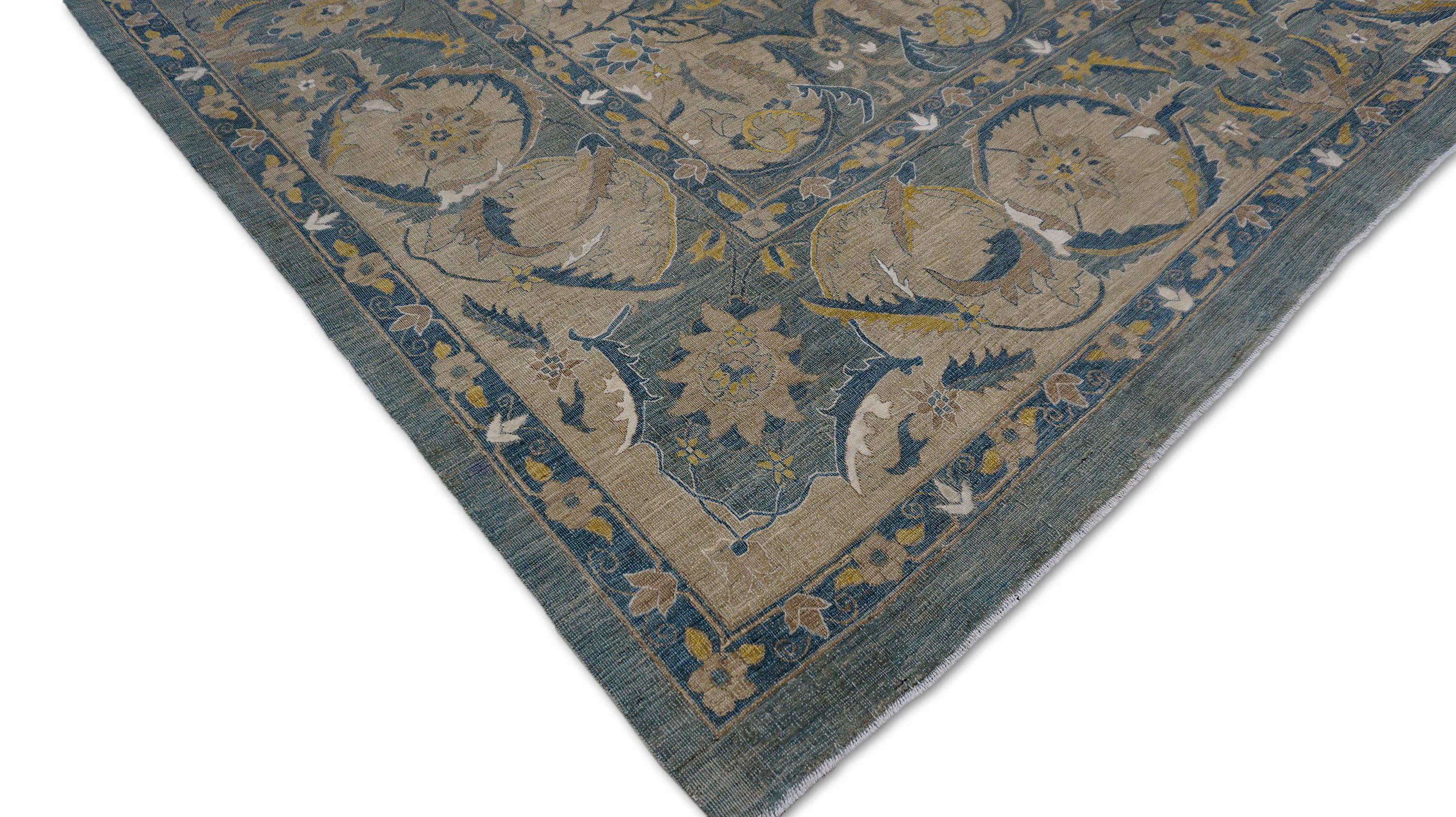 Alfombra de lana con diseño de palmetas y hojas en oro y azul apagados 8'10''x12'2'' en venta 2