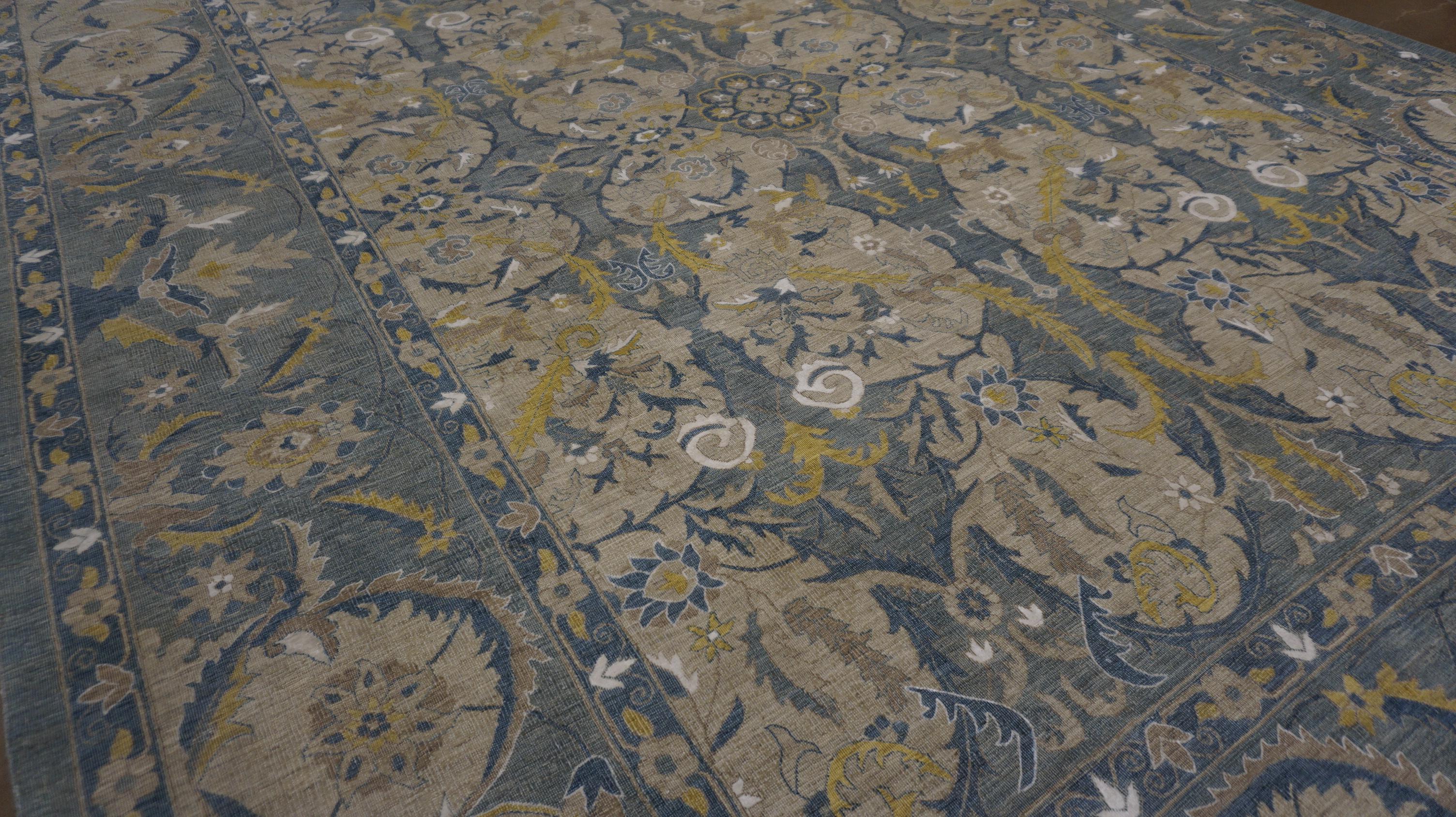 Alfombra de lana con diseño de palmetas y hojas en oro y azul apagados 8'10''x12'2'' en venta 6