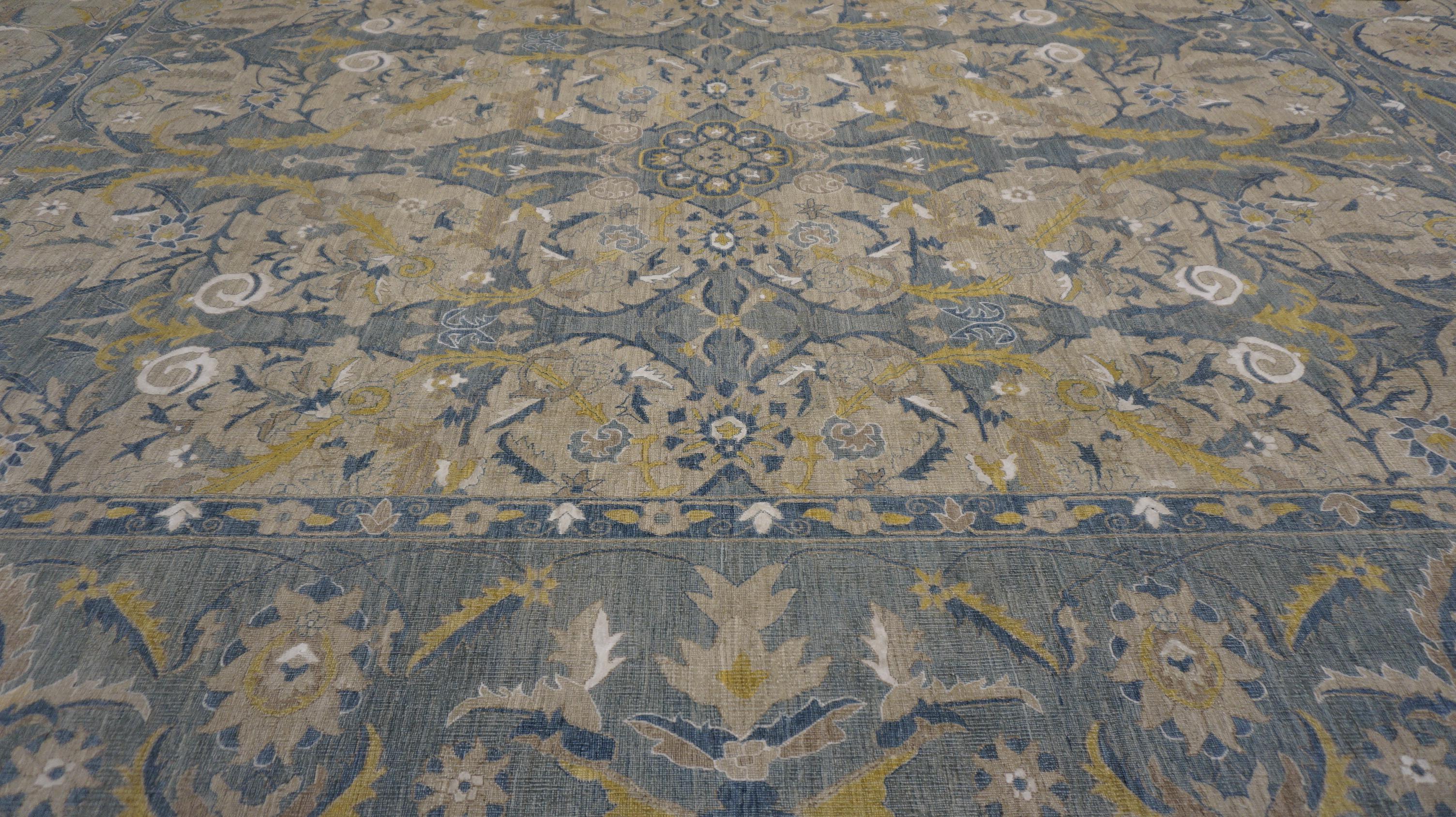 Alfombra de lana con diseño de palmetas y hojas en oro y azul apagados 8'10''x12'2'' en venta 7