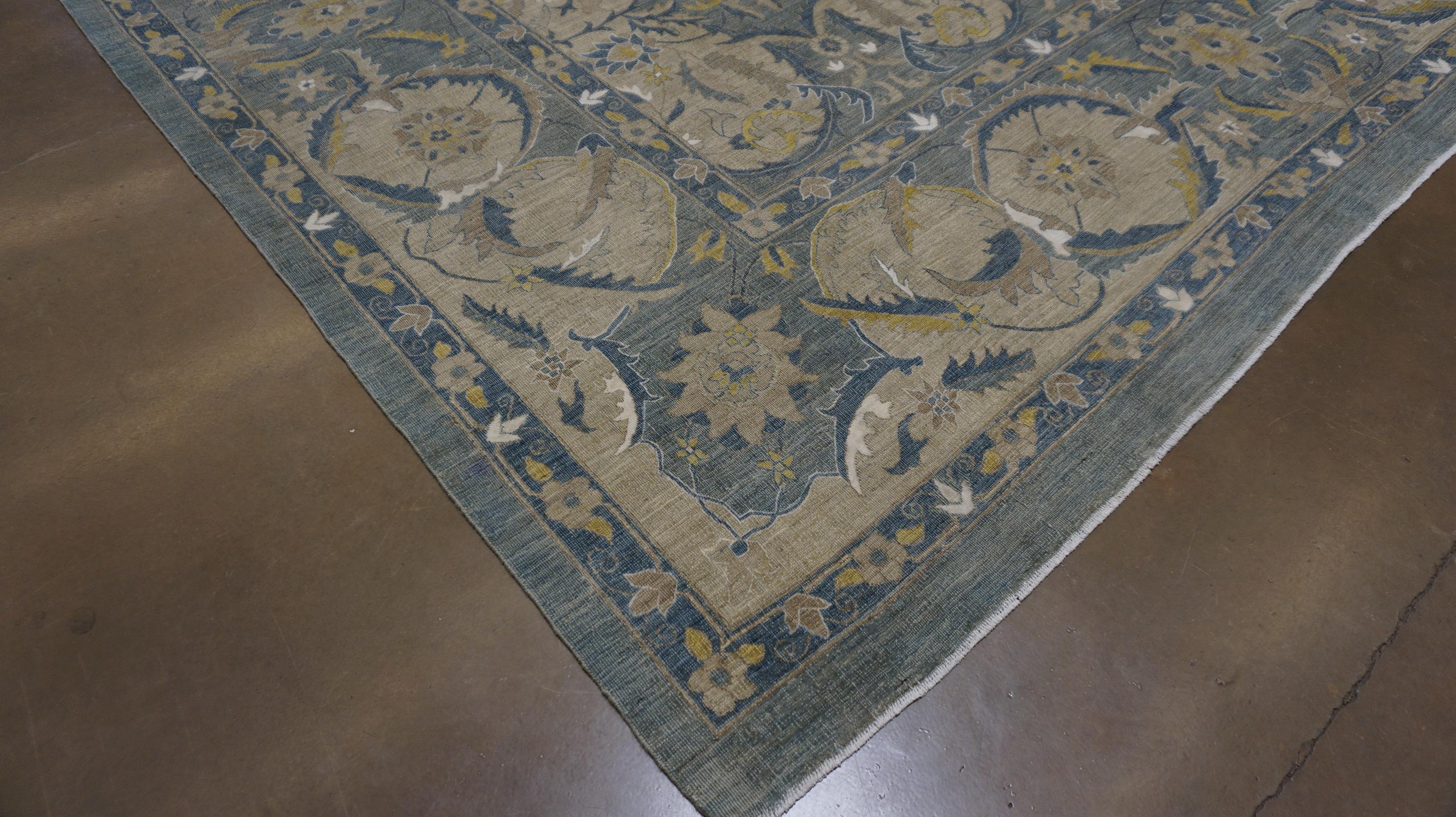 Alfombra de lana con diseño de palmetas y hojas en oro y azul apagados 8'10''x12'2'' en venta 8
