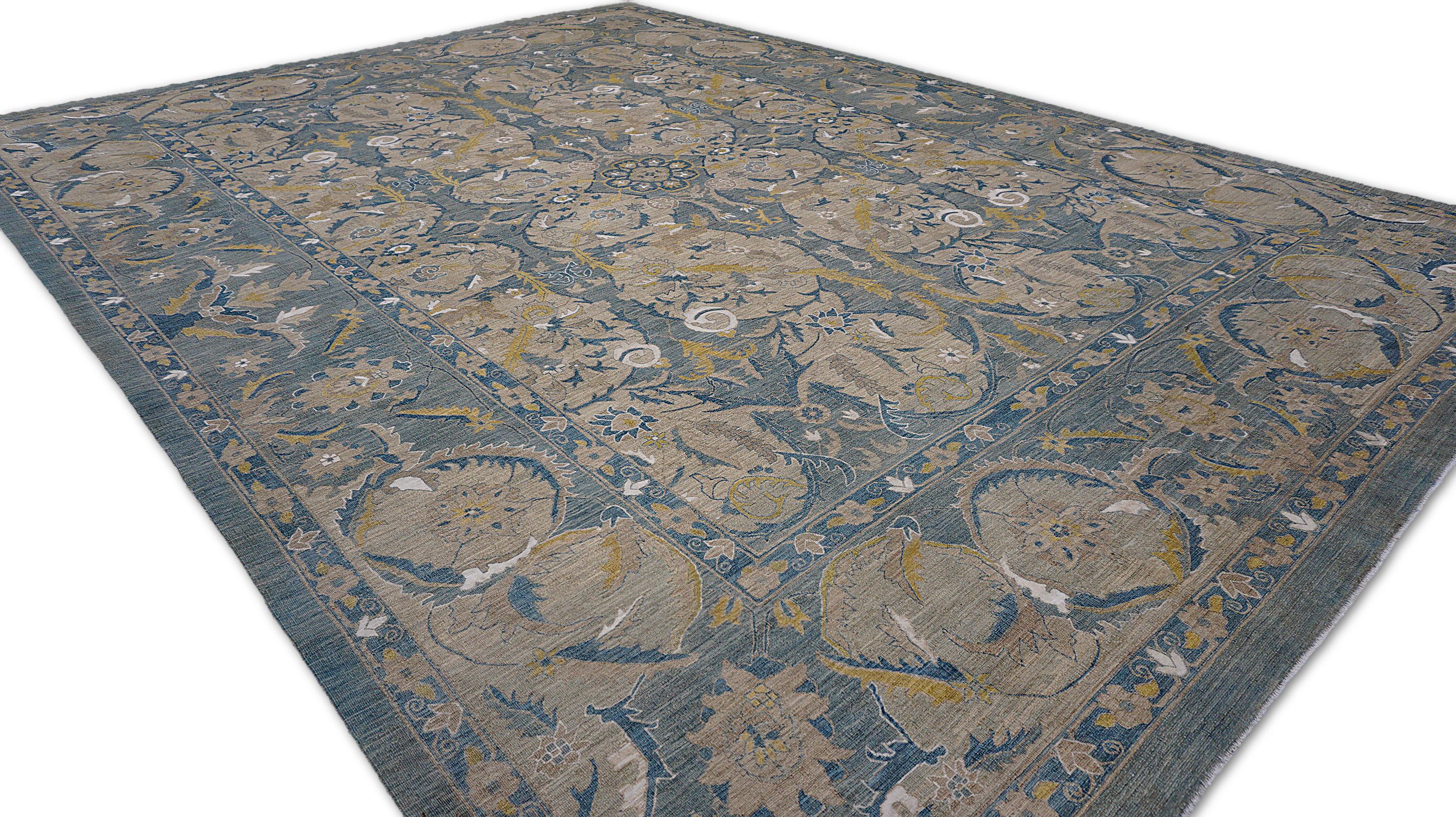 Alfombra de lana con diseño de palmetas y hojas en oro y azul apagados 8'10''x12'2'' Anudado a mano en venta