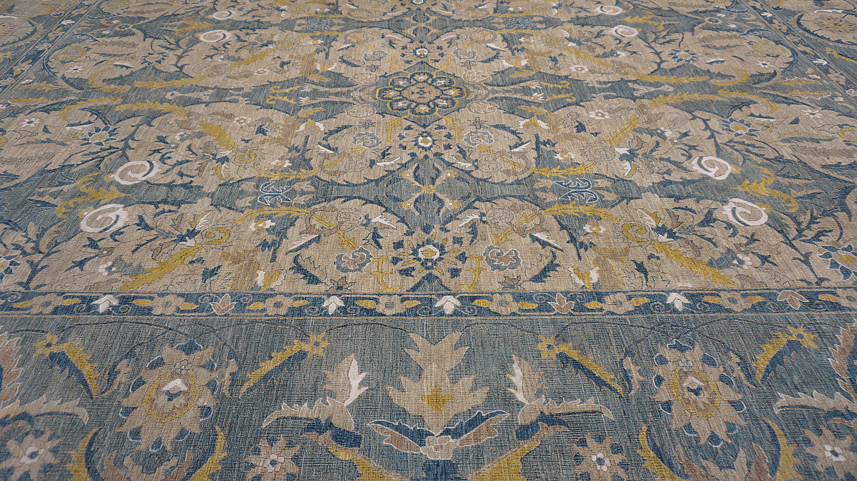 Alfombra de lana con diseño de palmetas y hojas en oro y azul apagados 8'10''x12'2'' Lana en venta