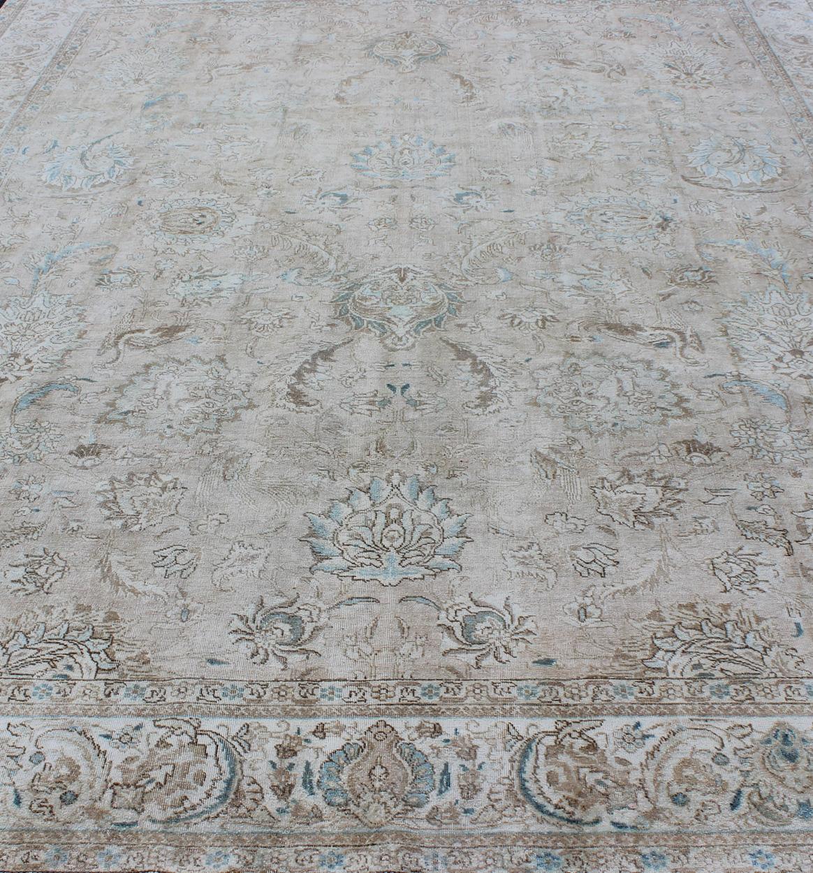 Muted Gray, Blue, and Ivory Vintage Persian Tabriz Rug with Floral Design For Sale 2