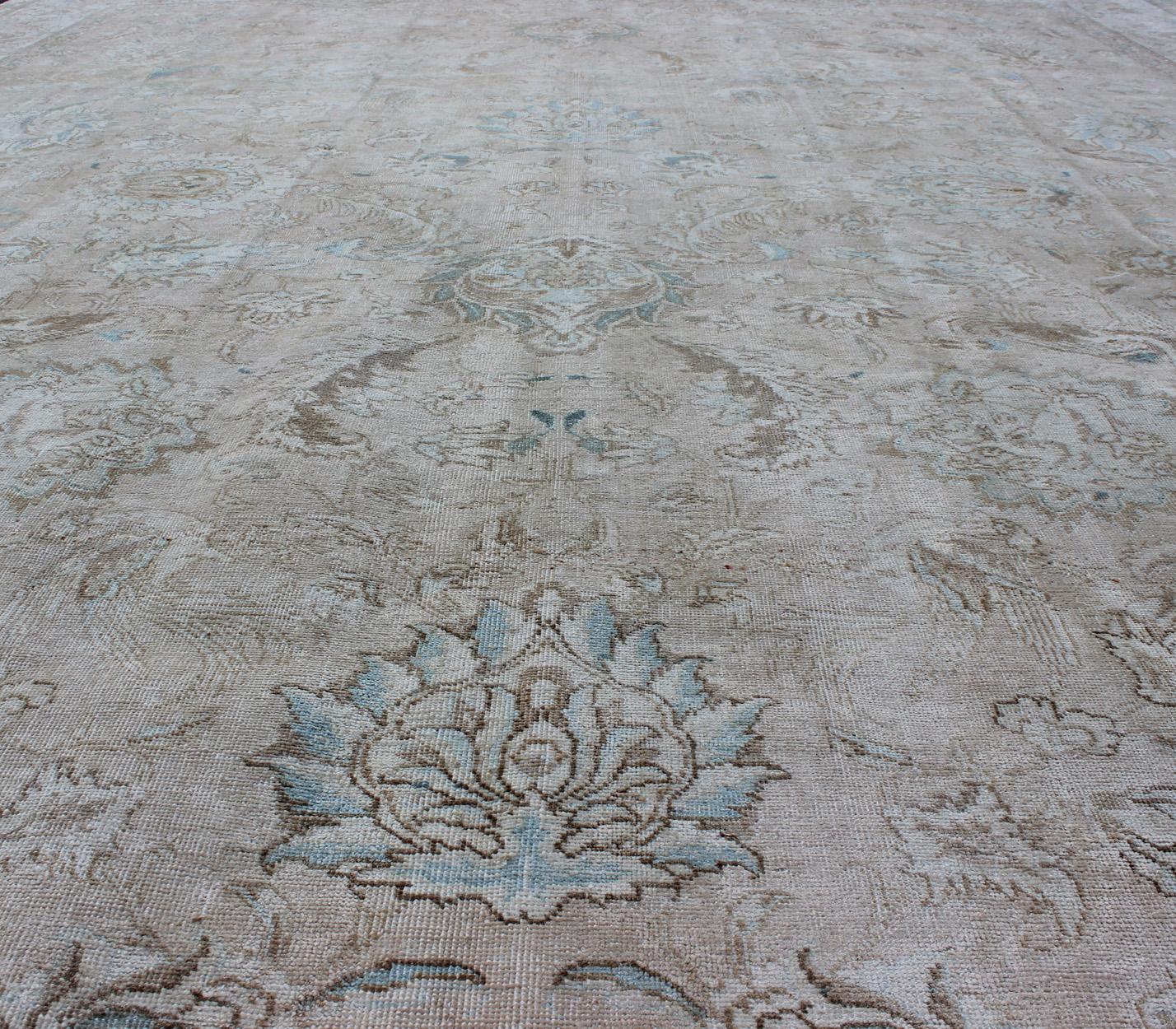 Muted Gray, Blue, and Ivory Vintage Persian Tabriz Rug with Floral Design For Sale 3