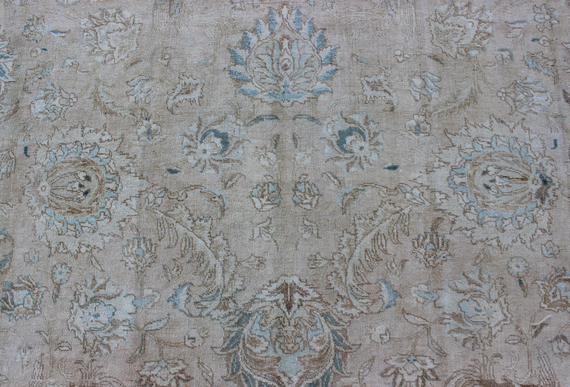 Muted Gray, Blue, and Ivory Vintage Persian Tabriz Rug with Floral Design For Sale 4