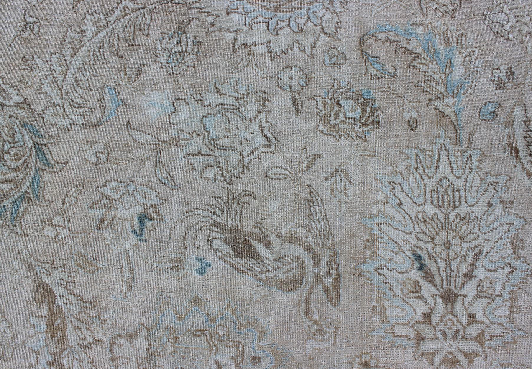 Muted Gray, Blue, and Ivory Vintage Persian Tabriz Rug with Floral Design In Excellent Condition For Sale In Atlanta, GA