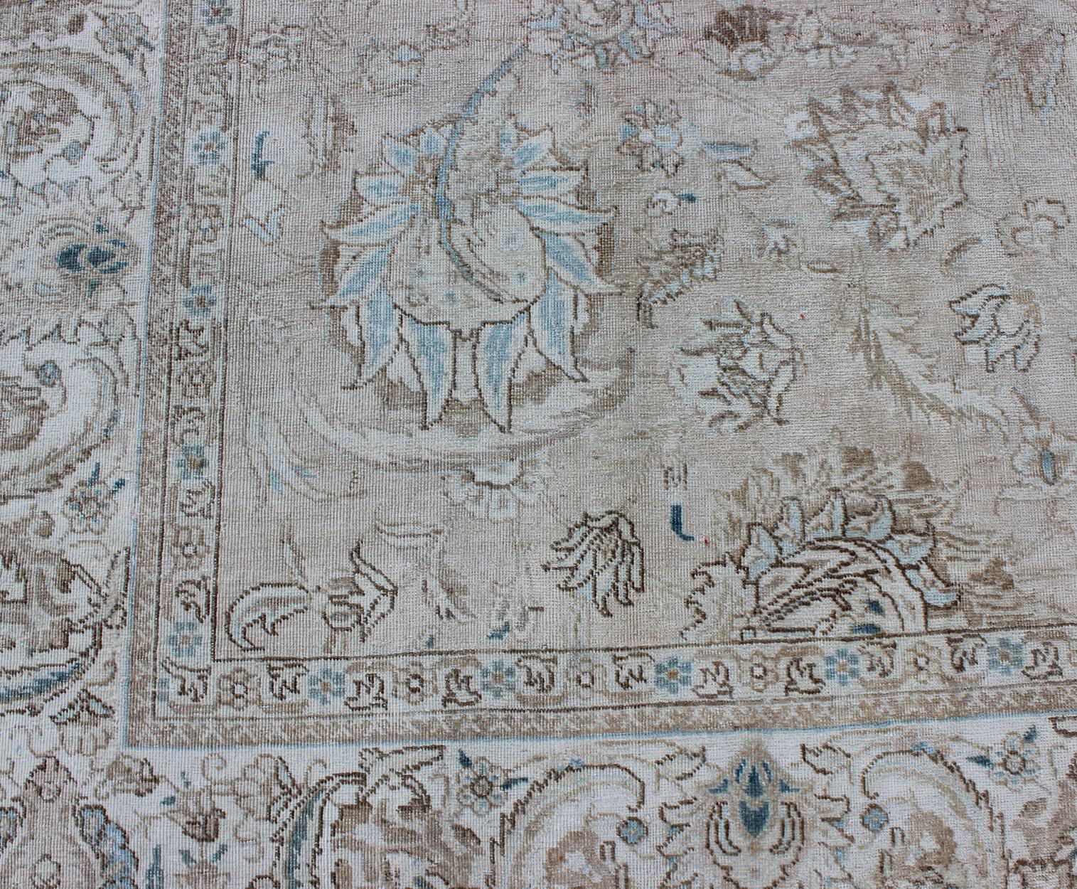 Wool Muted Gray, Blue, and Ivory Vintage Persian Tabriz Rug with Floral Design For Sale
