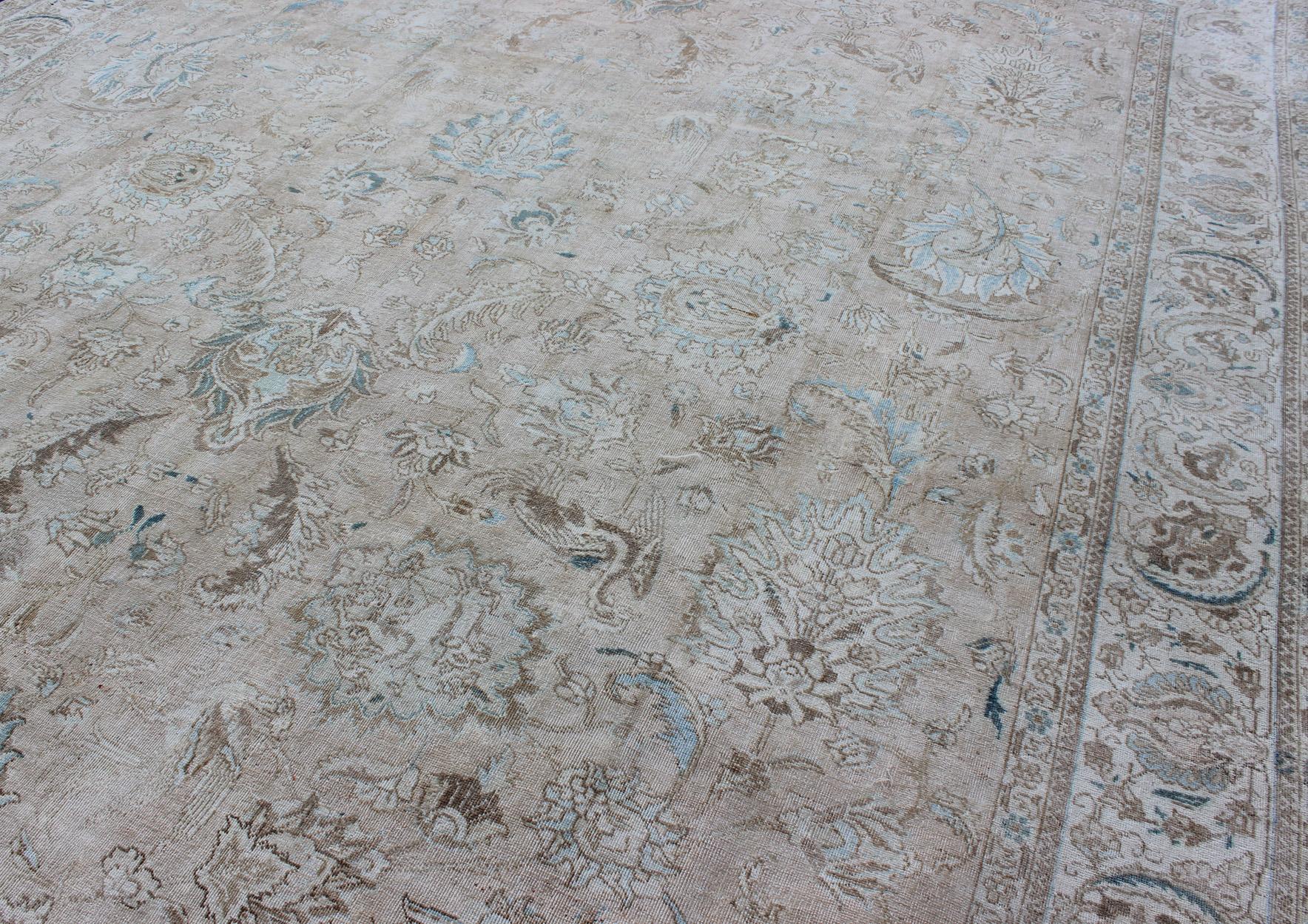 Muted Gray, Blue, and Ivory Vintage Persian Tabriz Rug with Floral Design For Sale 1