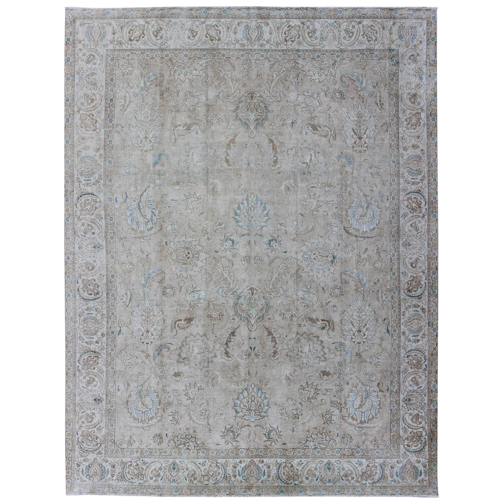 Muted Gray, Blue, and Ivory Vintage Persian Tabriz Rug with Floral Design
