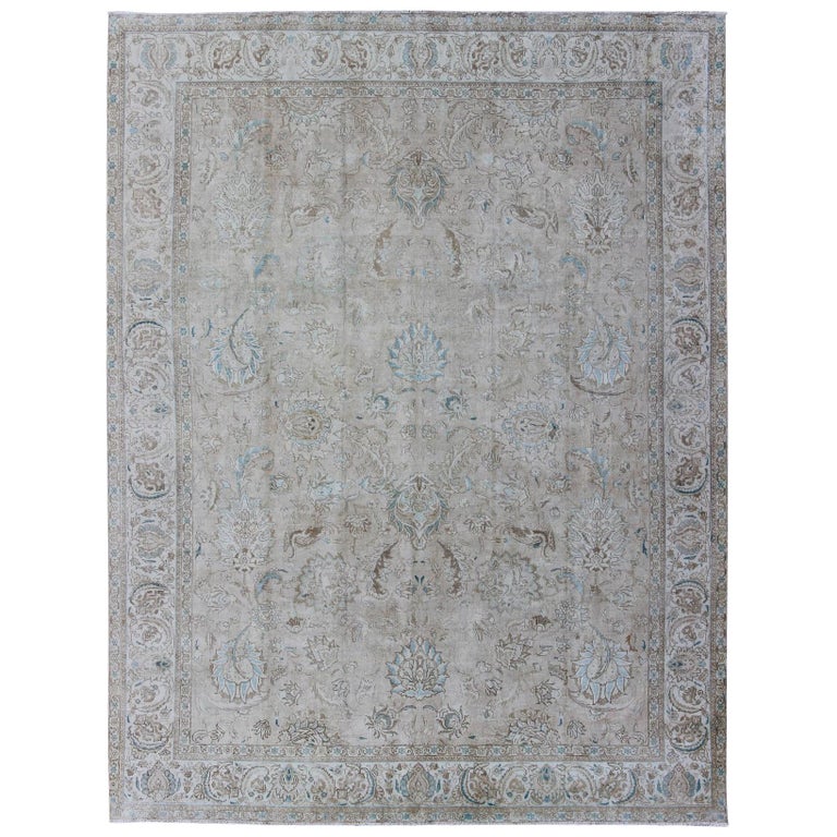 Muted Gray, Blue, and Ivory Vintage Persian Tabriz Rug with Floral