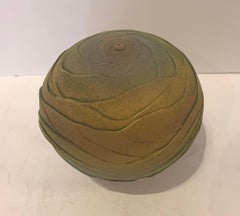 Textured Round Ceramic Earthenware Vase, Muted Green and Yellow, USA