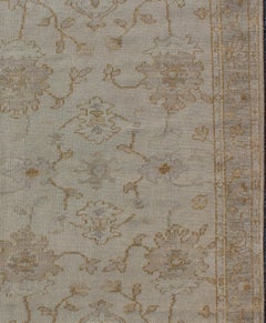 Muted Hand Knotted Oushak Design Rug in Taupe and Cream