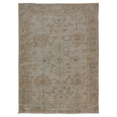 Muted Hand Knotted Oushak Design Rug in Taupe and Cream