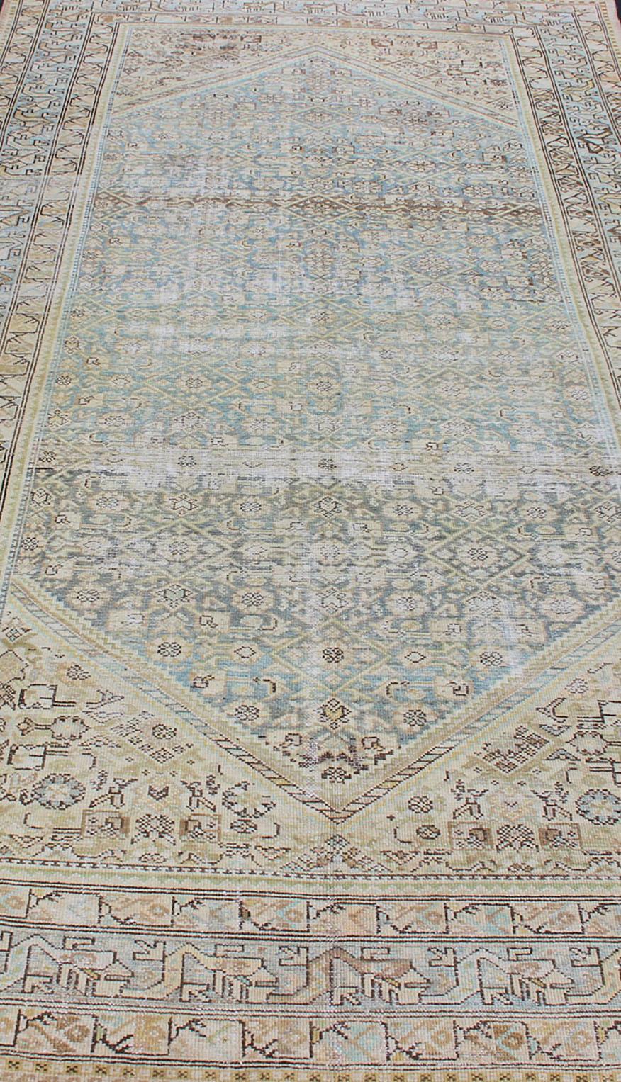Alfombra Persa Malayer de Galería Azul Claro Silencioso y Verde L. con Diseño Geométrico 11