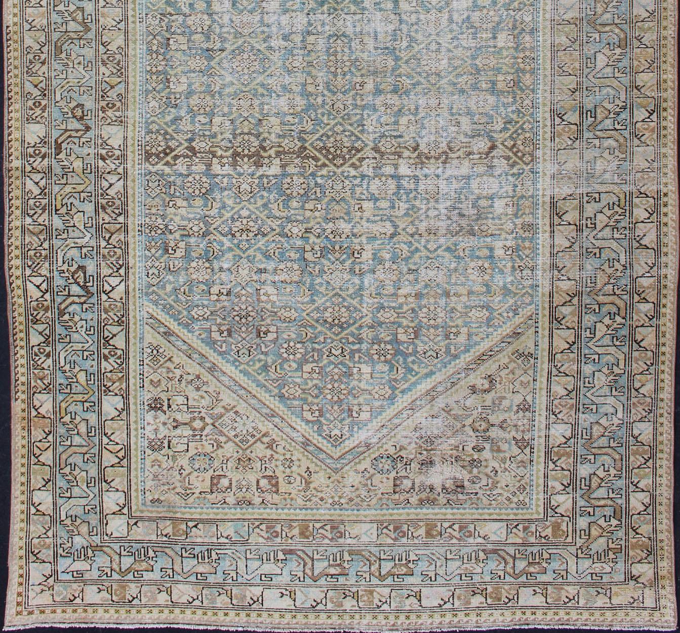 Alfombra Persa Malayer de Galería Azul Claro Silencioso y Verde L. con Diseño Geométrico Anudado a mano