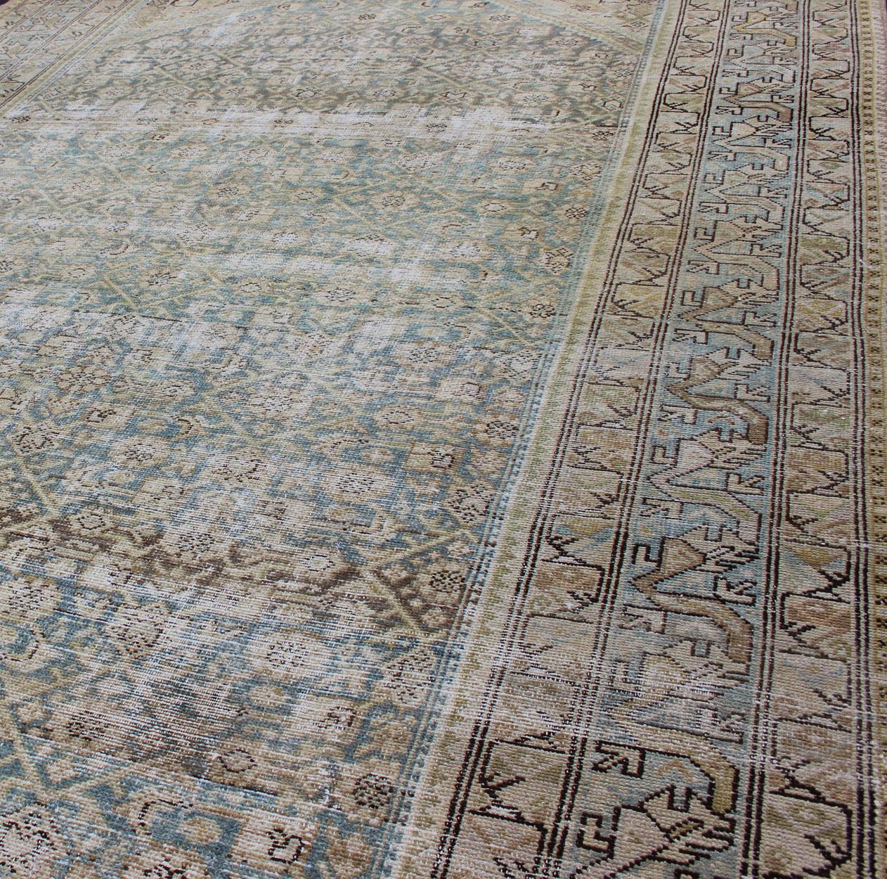 Alfombra Persa Malayer de Galería Azul Claro Silencioso y Verde L. con Diseño Geométrico siglo XX
