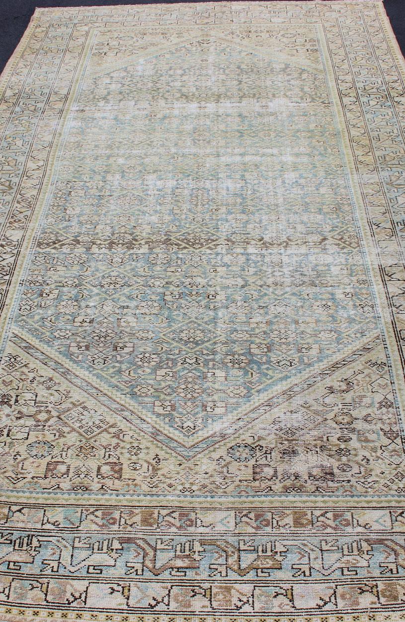 Alfombra Persa Malayer de Galería Azul Claro Silencioso y Verde L. con Diseño Geométrico Lana