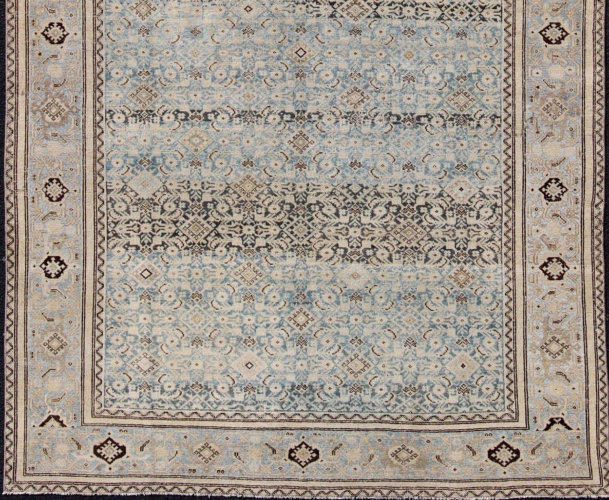 Hand-Knotted Muted Light Blue Persian Gallery Malayer Rug with Sub-Geometric Design