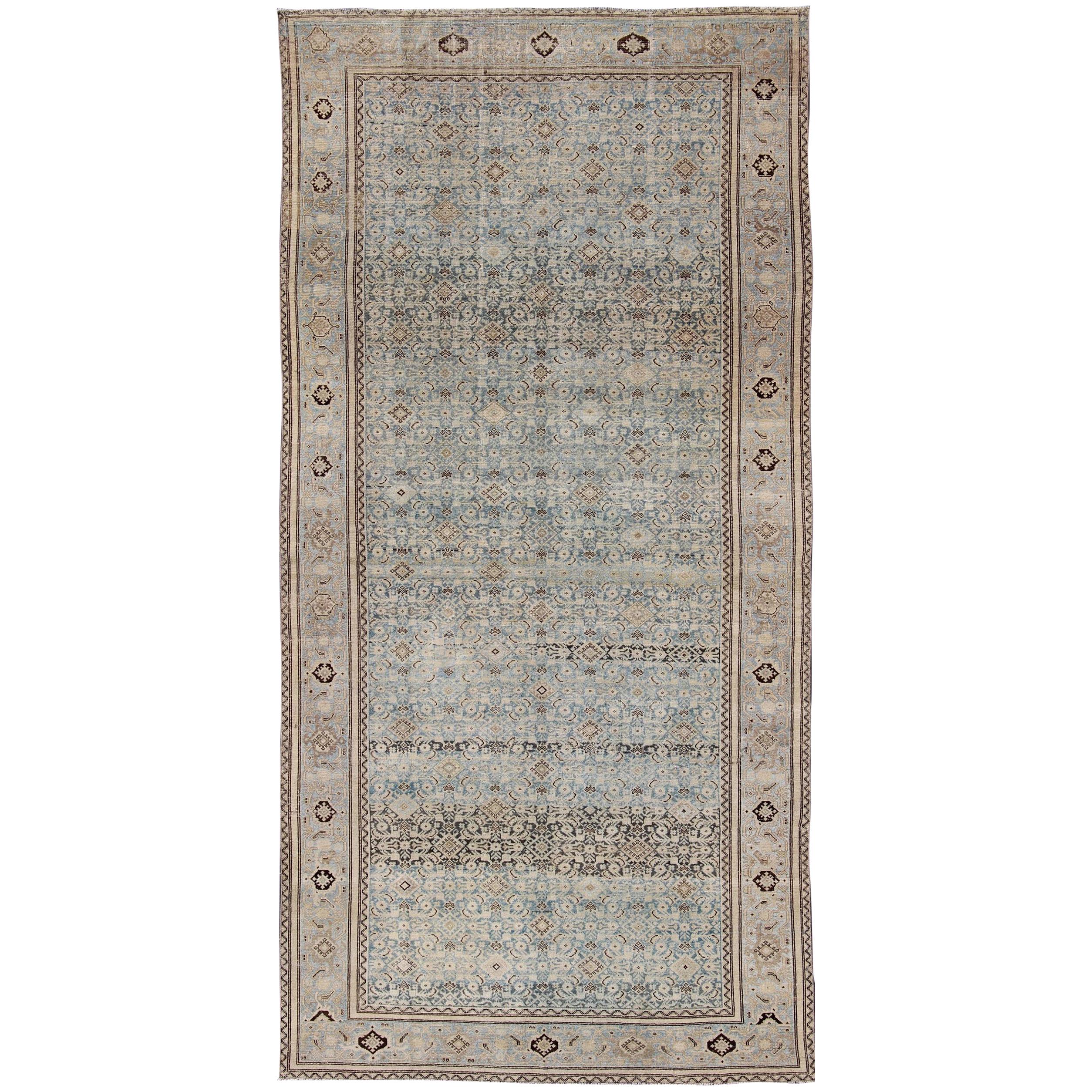 Muted Light Blue Persian Gallery Malayer Rug with Sub-Geometric Design