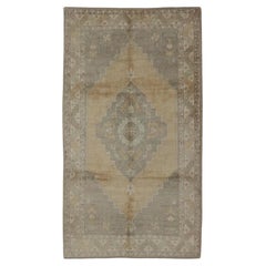 Muted Mid-20th Century Retro Oushak Rug with Medallion in Gray and Butter