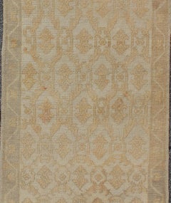 Midcentury Turkish Oushak Runner with Latticework Design in Cream, Yellow, Taupe