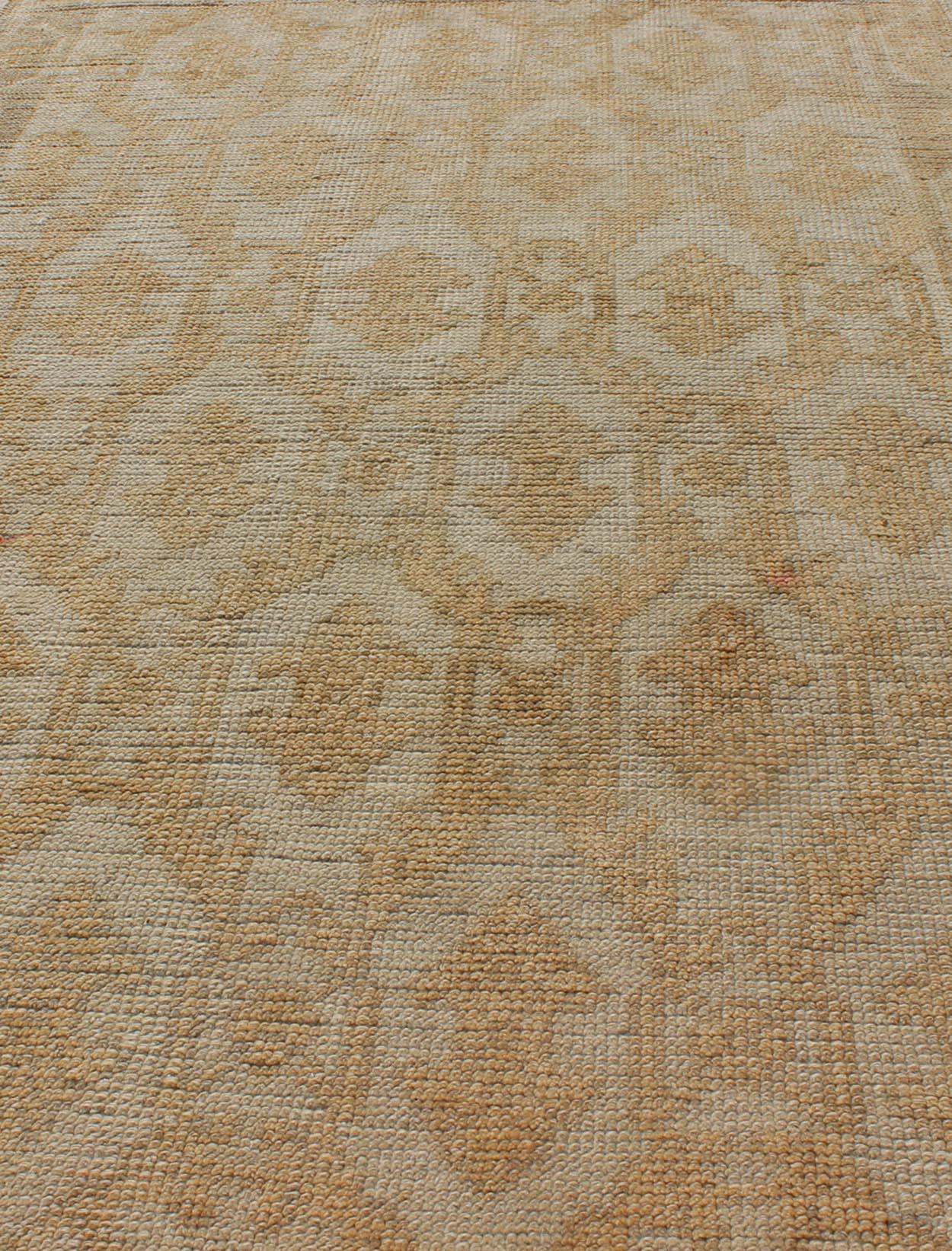 Wool Midcentury Turkish Oushak Runner with Latticework Design in Cream, Yellow, Taupe For Sale