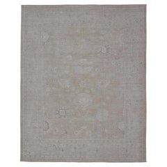 Muted Oushak Rug with Soft Taupe Field and Subtle Ivory Pattern 12'2 x 15'4