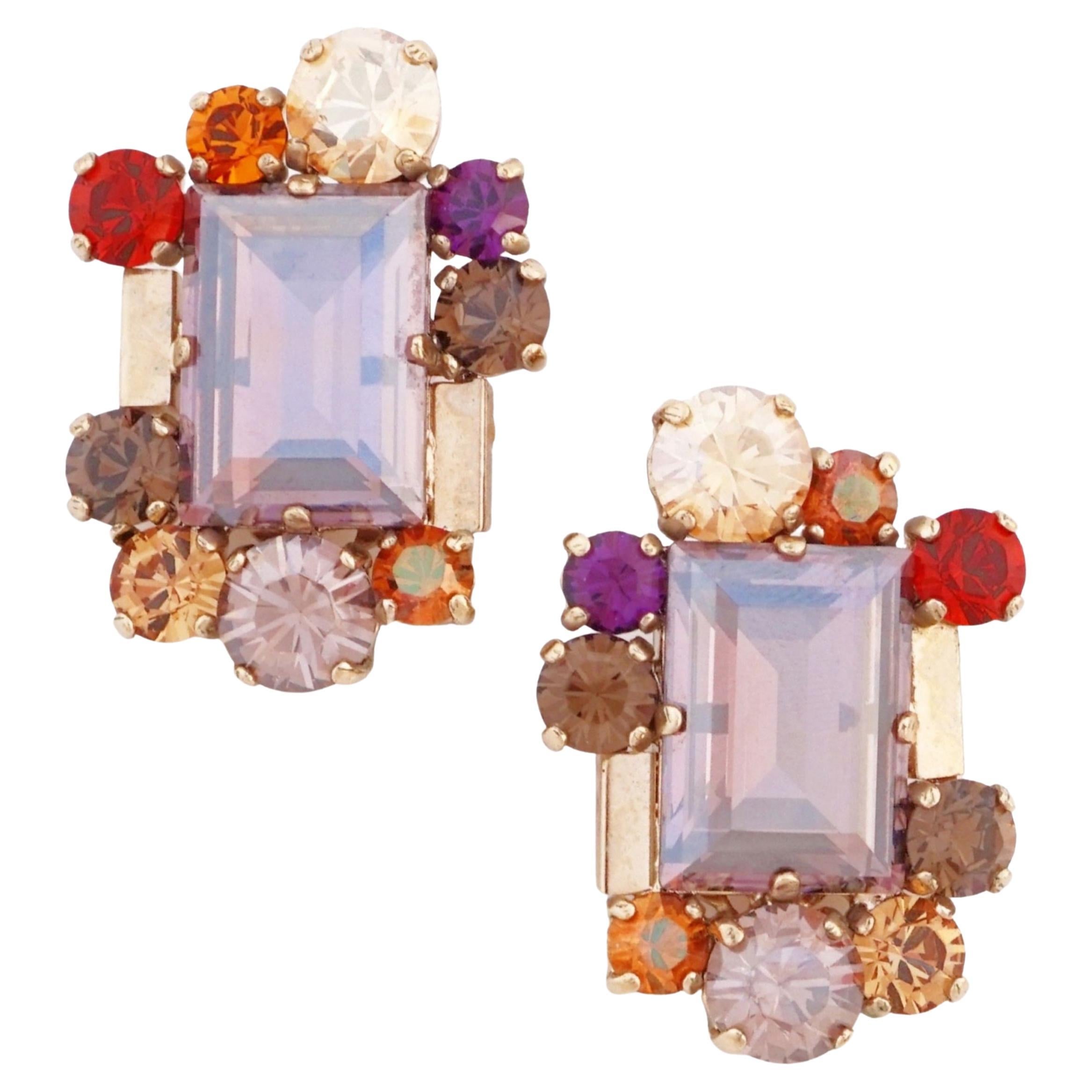 Muted Palette Crystal Cluster Statement Earrings, 1960s For Sale