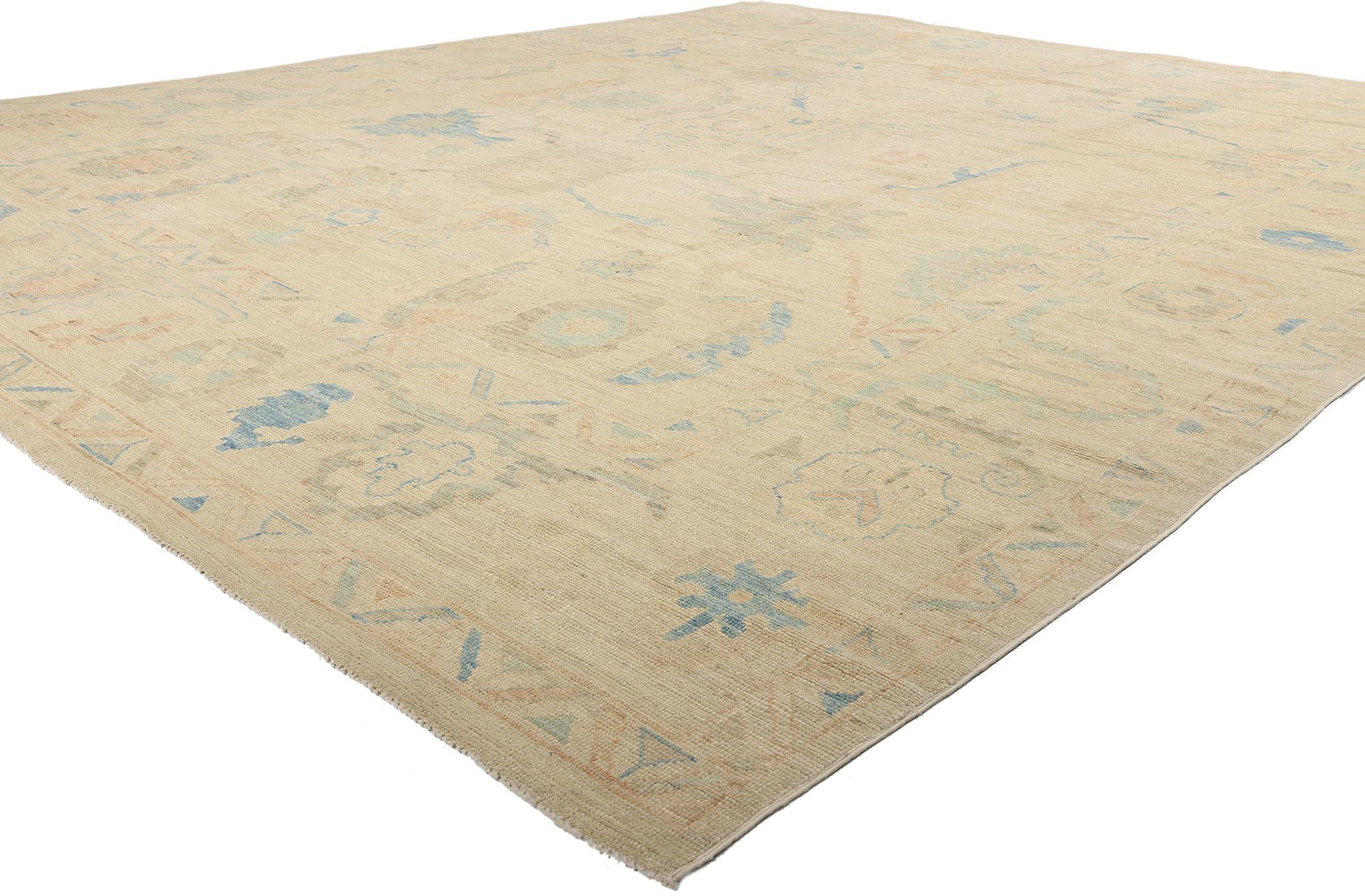 80934 Nueva Alfombra Oushak Moderna de Inspiración Vintage, 12'06 x 14'09. Esta moderna alfombra Oushak de lana anudada a mano, procedente de Pakistán, evoca la tranquila poesía de un amanecer en Anatolia, donde la primera luz de la tierra proyecta