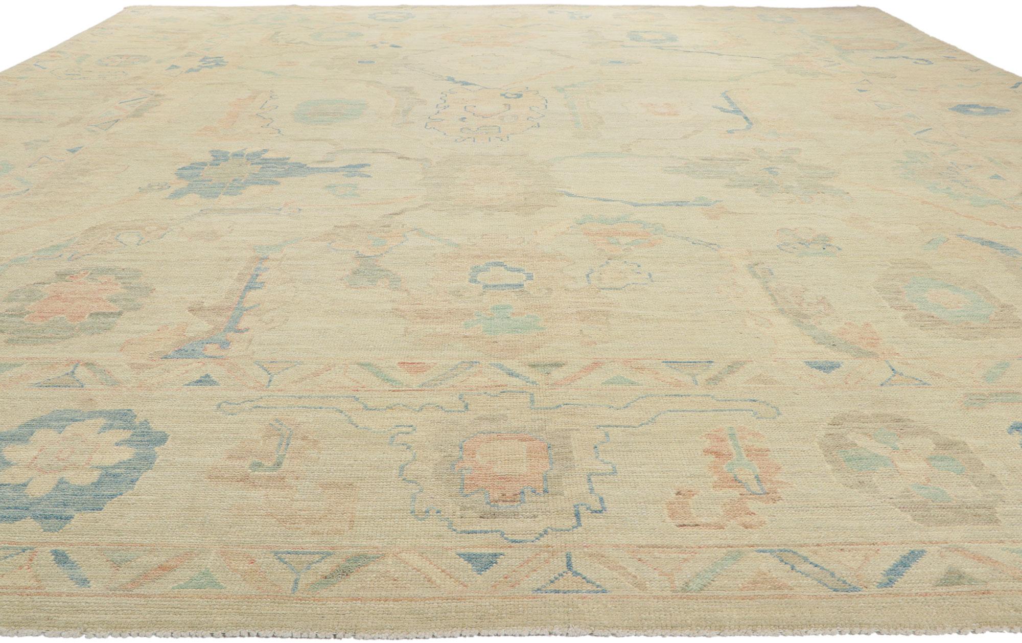 Pakistani Muted Pastel Oushak Rug, Quiet Sophistication Meets Modern Tranquility For Sale