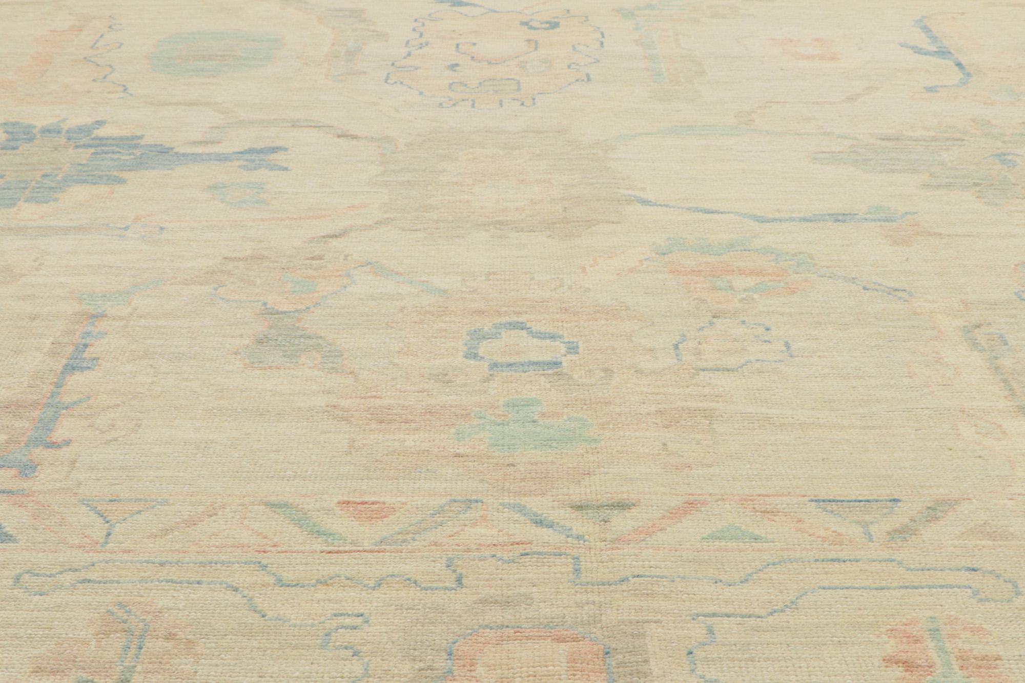 Hand-Knotted Muted Pastel Oushak Rug, Quiet Sophistication Meets Modern Tranquility For Sale