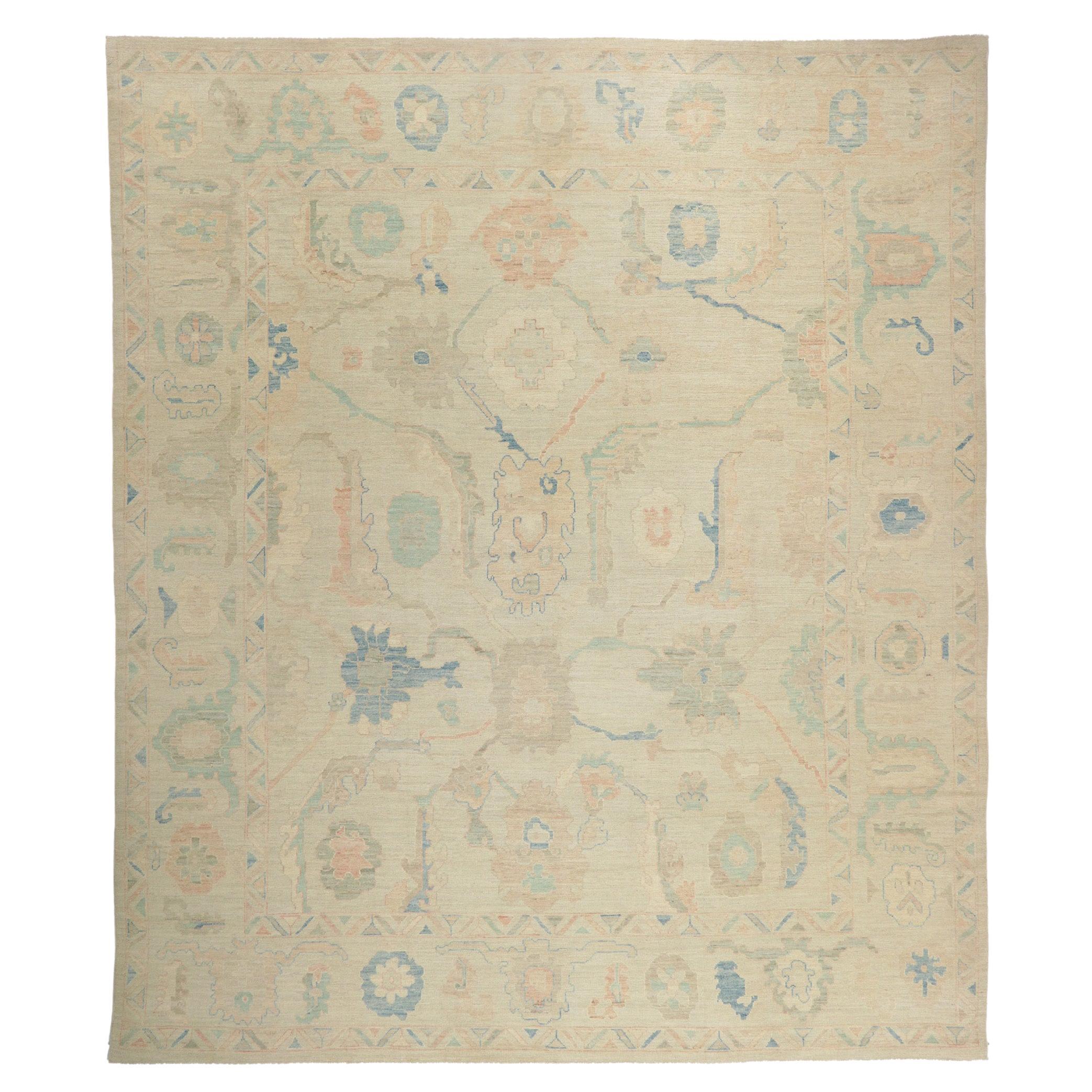 Muted Pastel Oushak Rug, Quiet Sophistication Meets Modern Tranquility For Sale