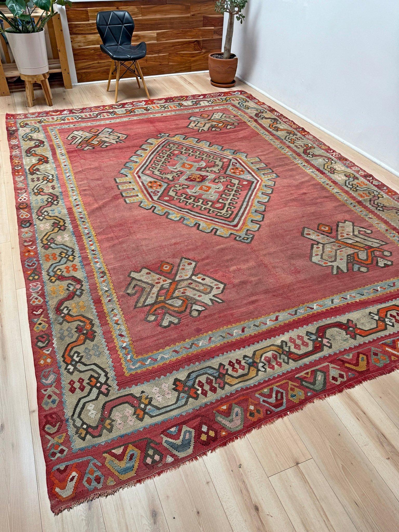 Tessuto a mano Kilim Oushak antico rosso smorzato - Tappeto turco in lana a trama piatta - 8'9