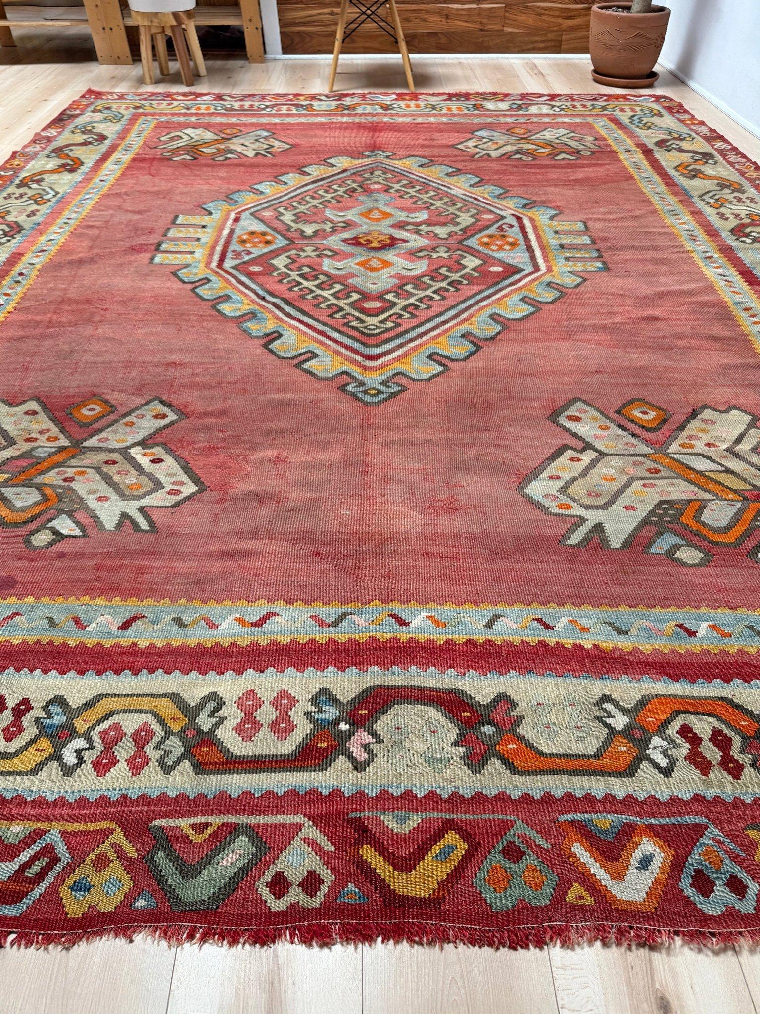 Turco Kilim Oushak antico rosso smorzato - Tappeto turco in lana a trama piatta - 8'9