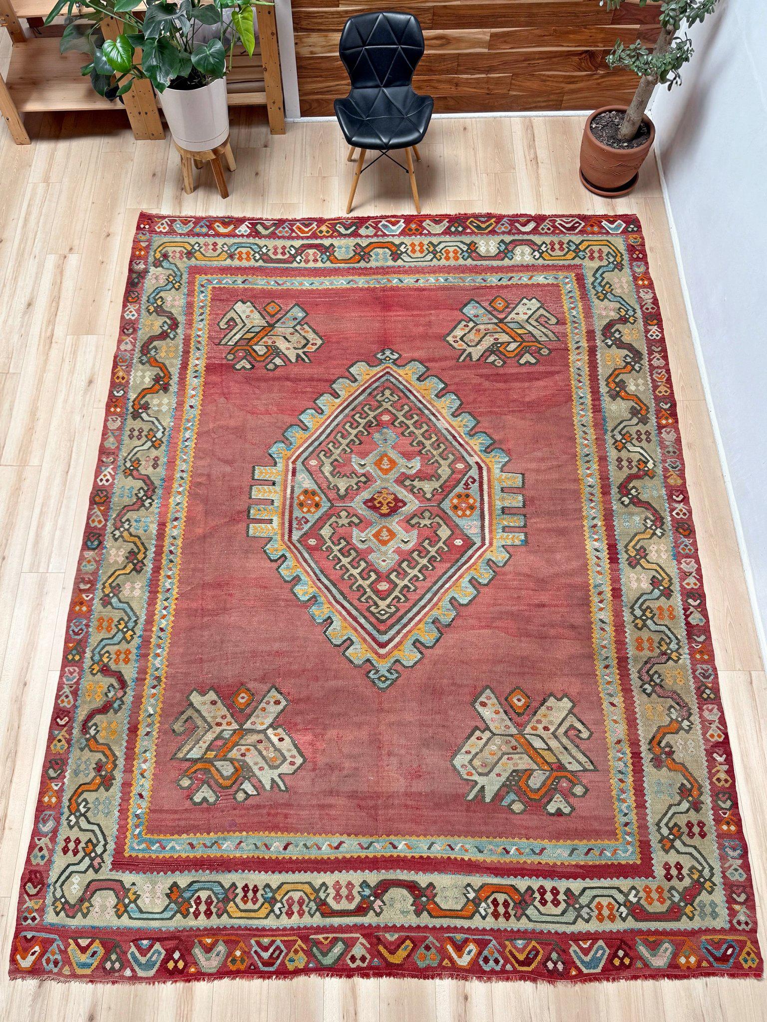 Rustico Kilim Oushak antico rosso smorzato - Tappeto turco in lana a trama piatta - 8'9
