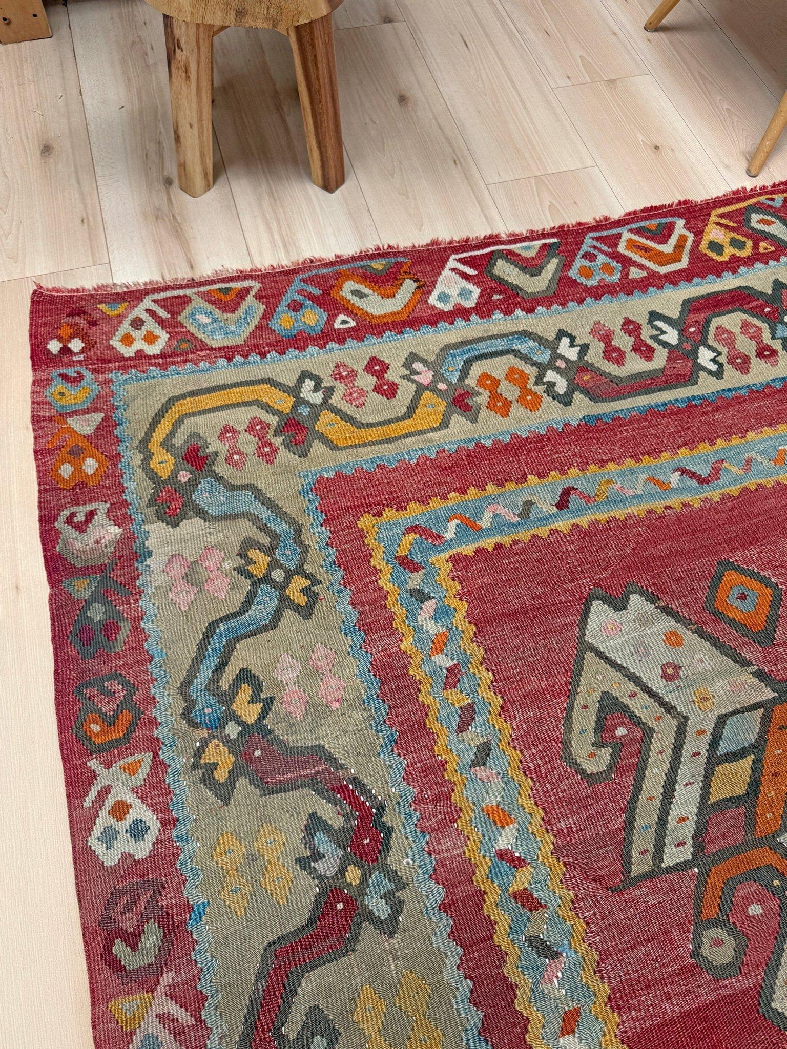 Inizio XX secolo Kilim Oushak antico rosso smorzato - Tappeto turco in lana a trama piatta - 8'9