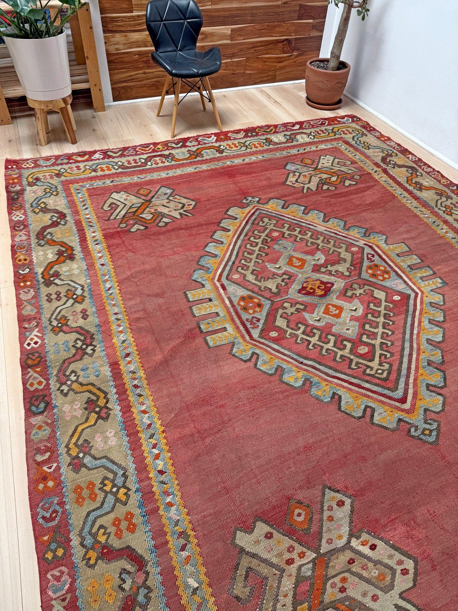 Kilim Oushak antico rosso smorzato - Tappeto turco in lana a trama piatta - 8'9
