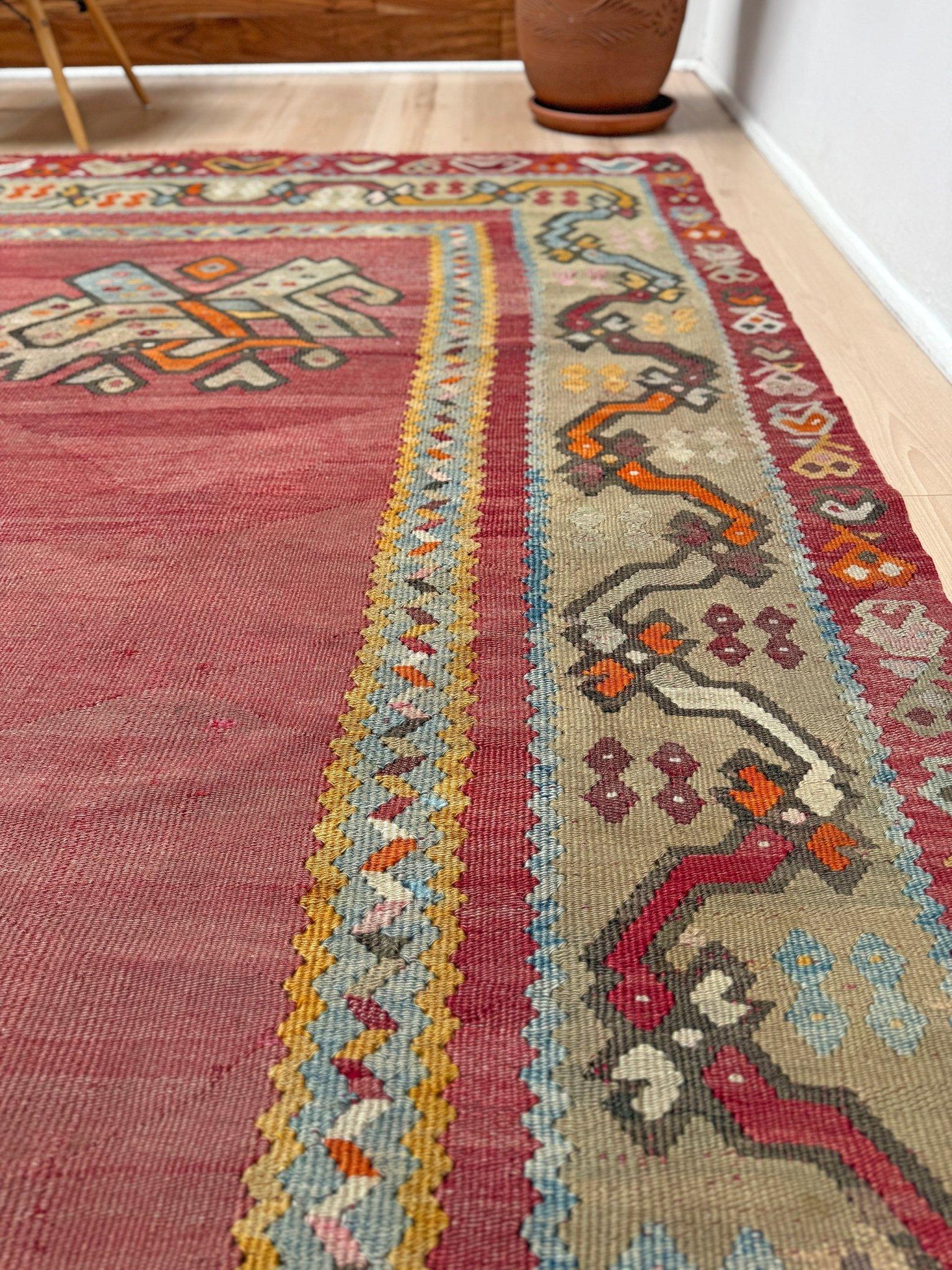 Kilim Oushak antico rosso smorzato - Tappeto turco in lana a trama piatta - 8'9