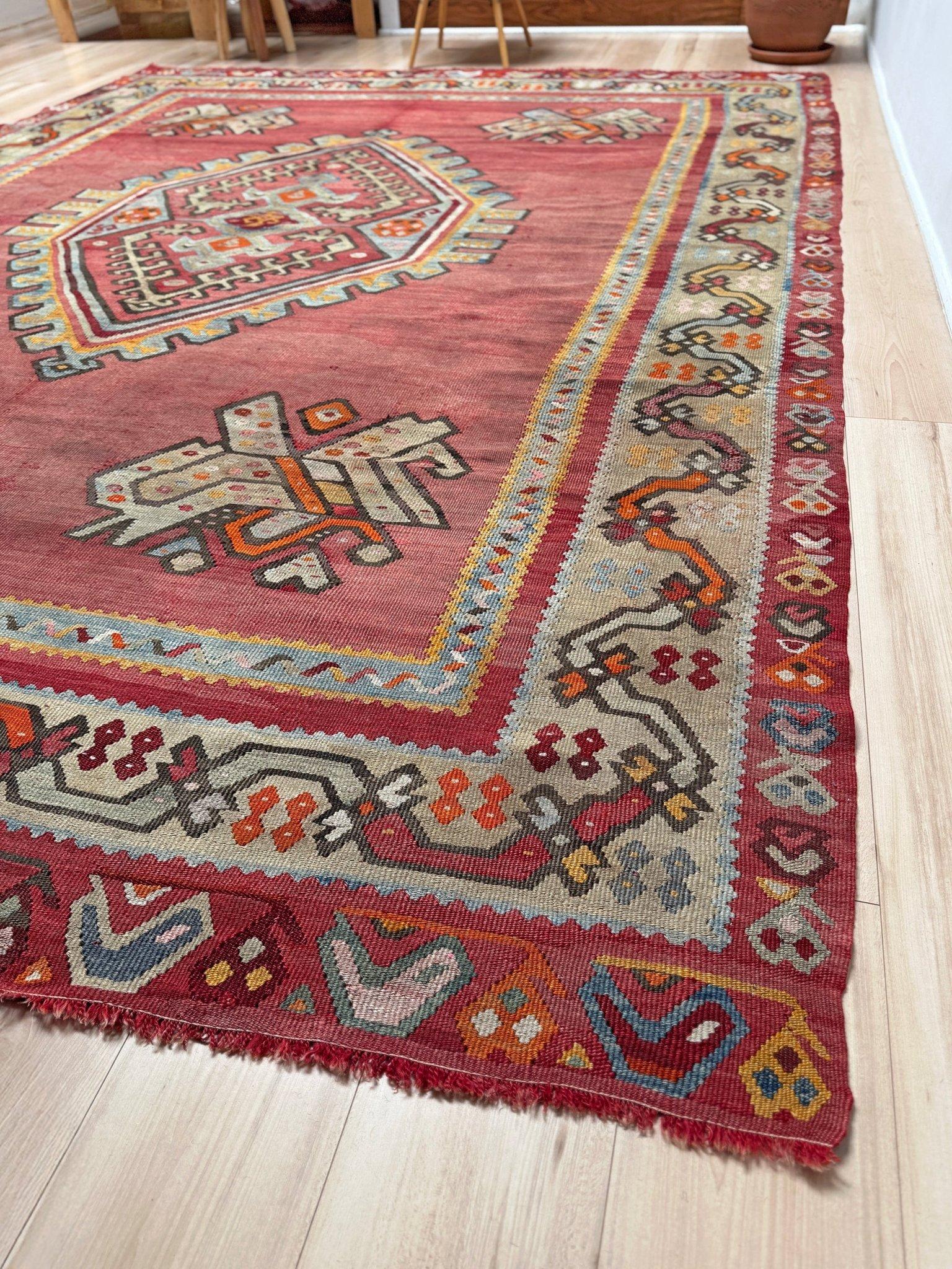 Lana Kilim Oushak antico rosso smorzato - Tappeto turco in lana a trama piatta - 8'9