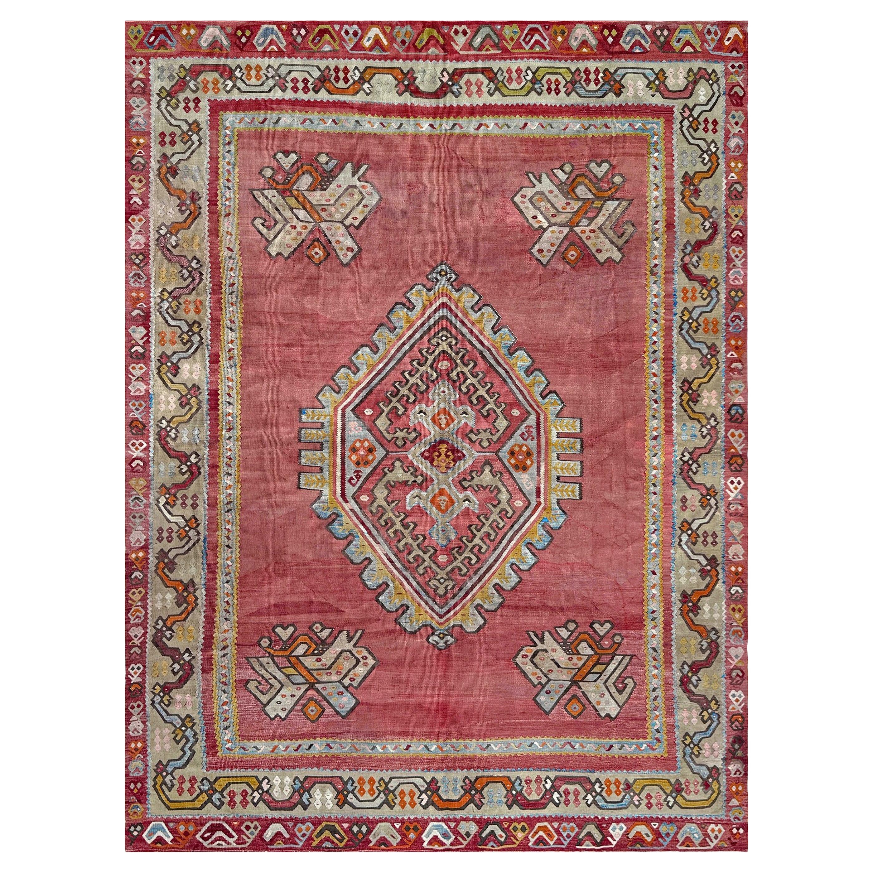 Kilim Oushak antico rosso smorzato - Tappeto turco in lana a trama piatta - 8'9"x11'8" - 1920s in vendita