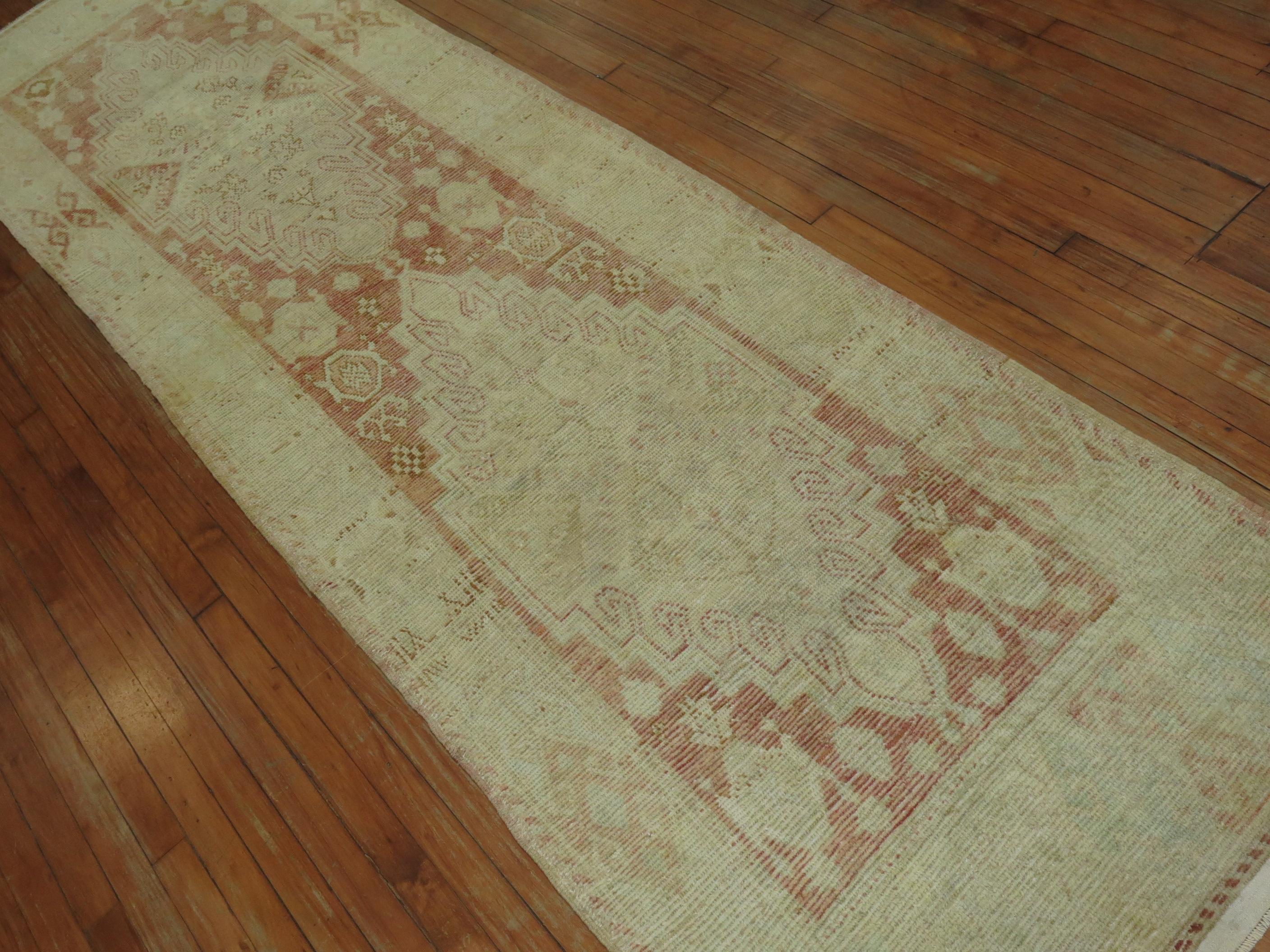 Muted Red Turkish Oushak Runner In Good Condition In New York, NY