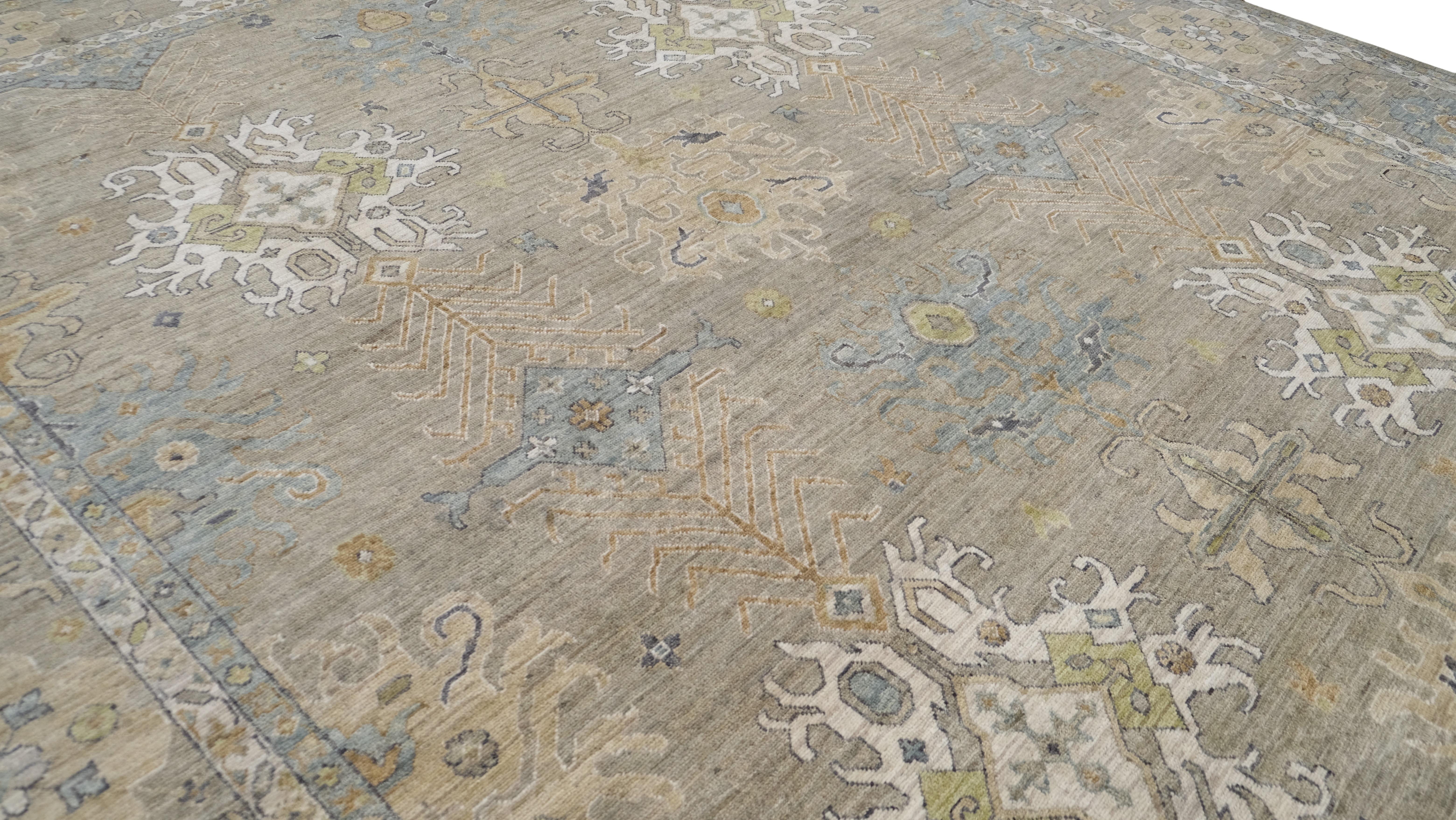 Asiatique Tapis d'Oushak taupe, beige et bleu 12'x15'2'' en vente