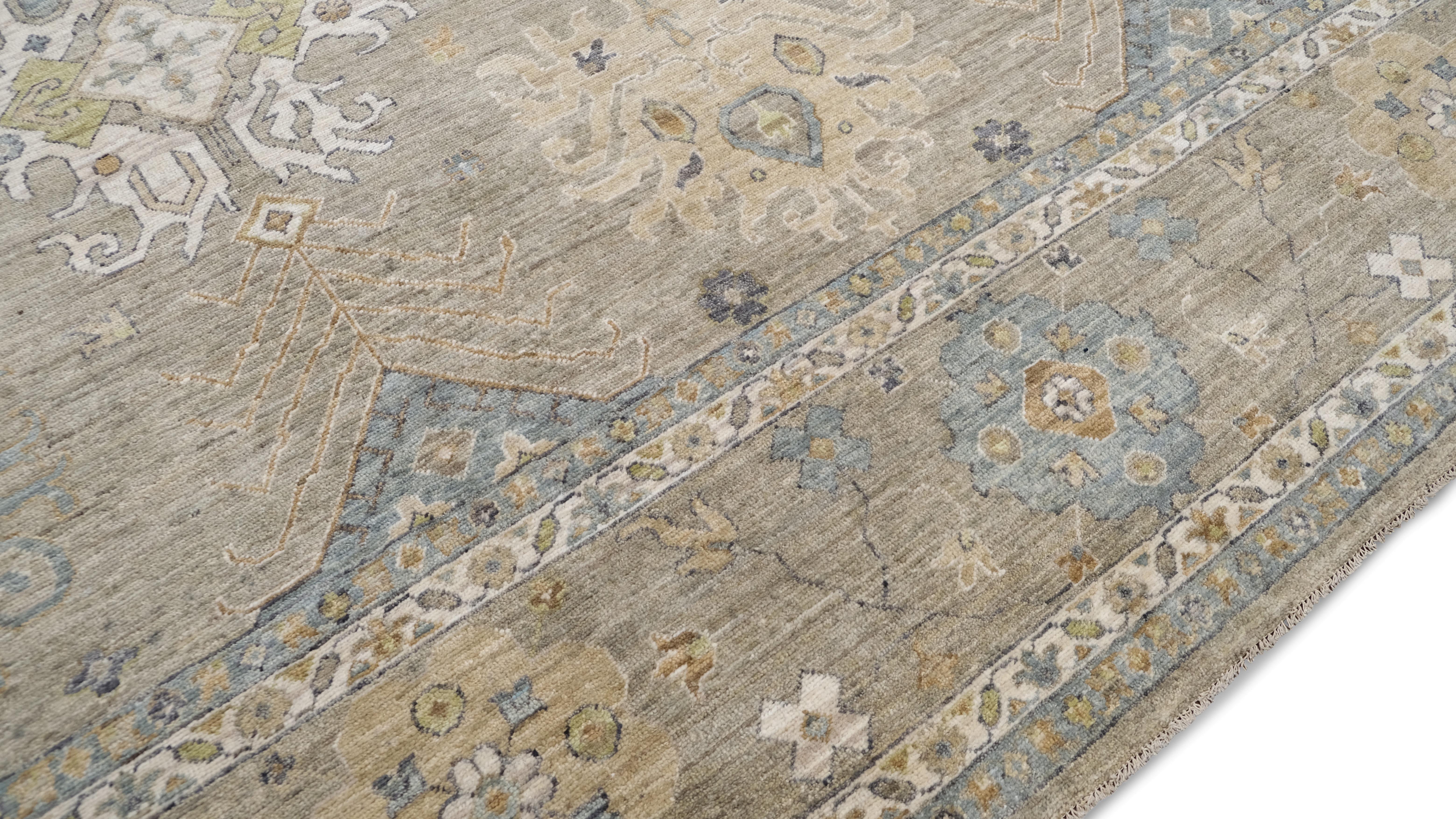 Noué à la main Tapis d'Oushak taupe, beige et bleu 12'x15'2'' en vente