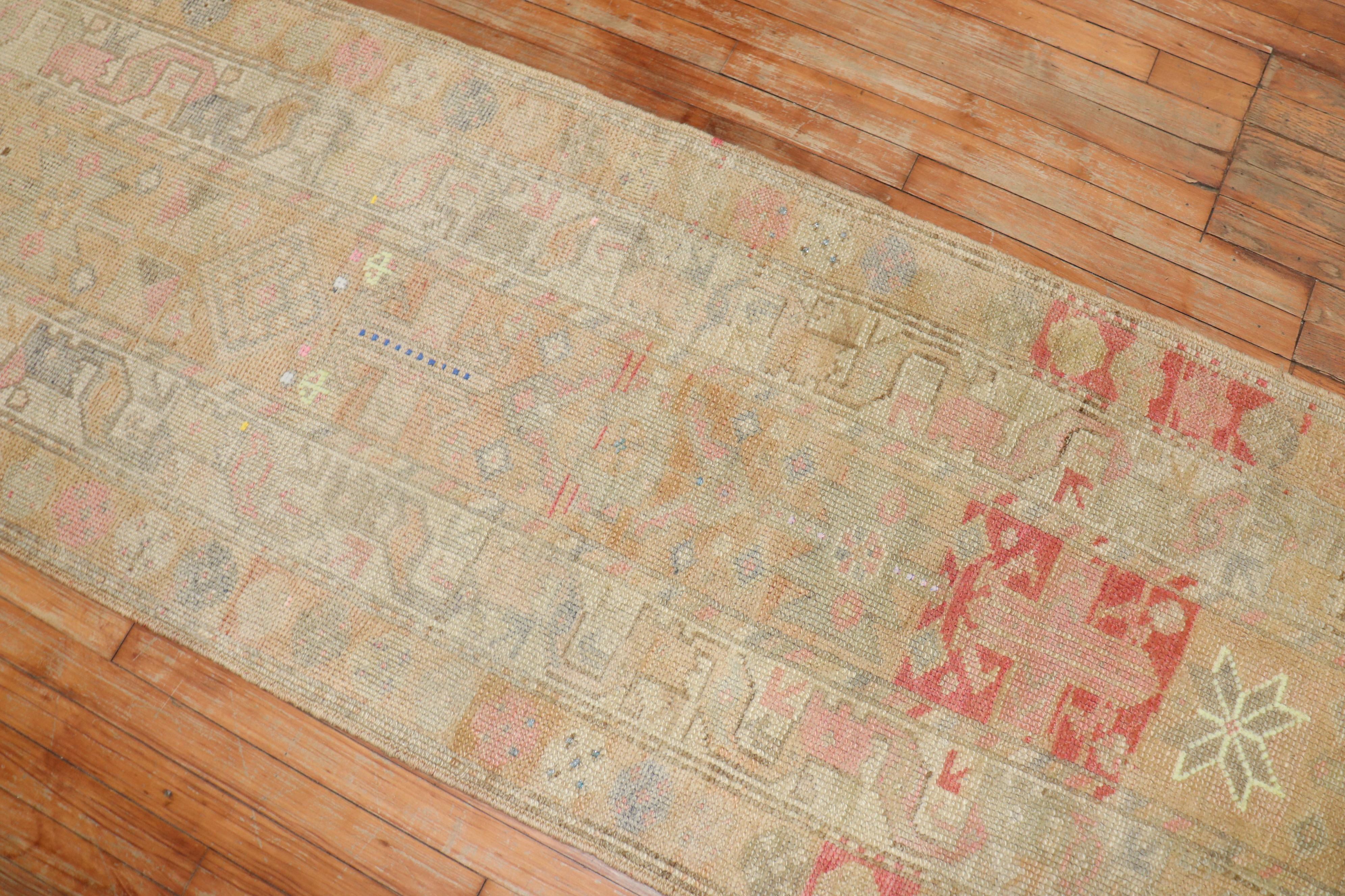 Hand-Knotted Muted Turkish Anatolian Geometric Long Runner For Sale