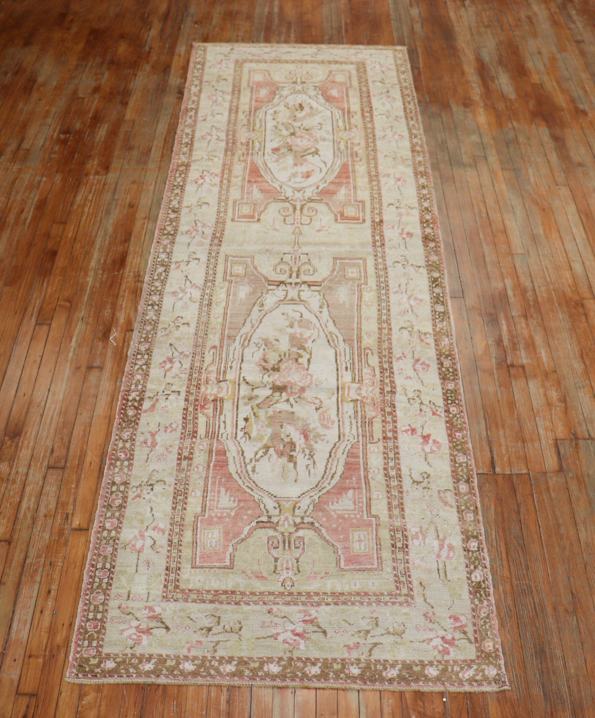 Muted Turkish Ghiordes Floral Wide Runner For Sale 3